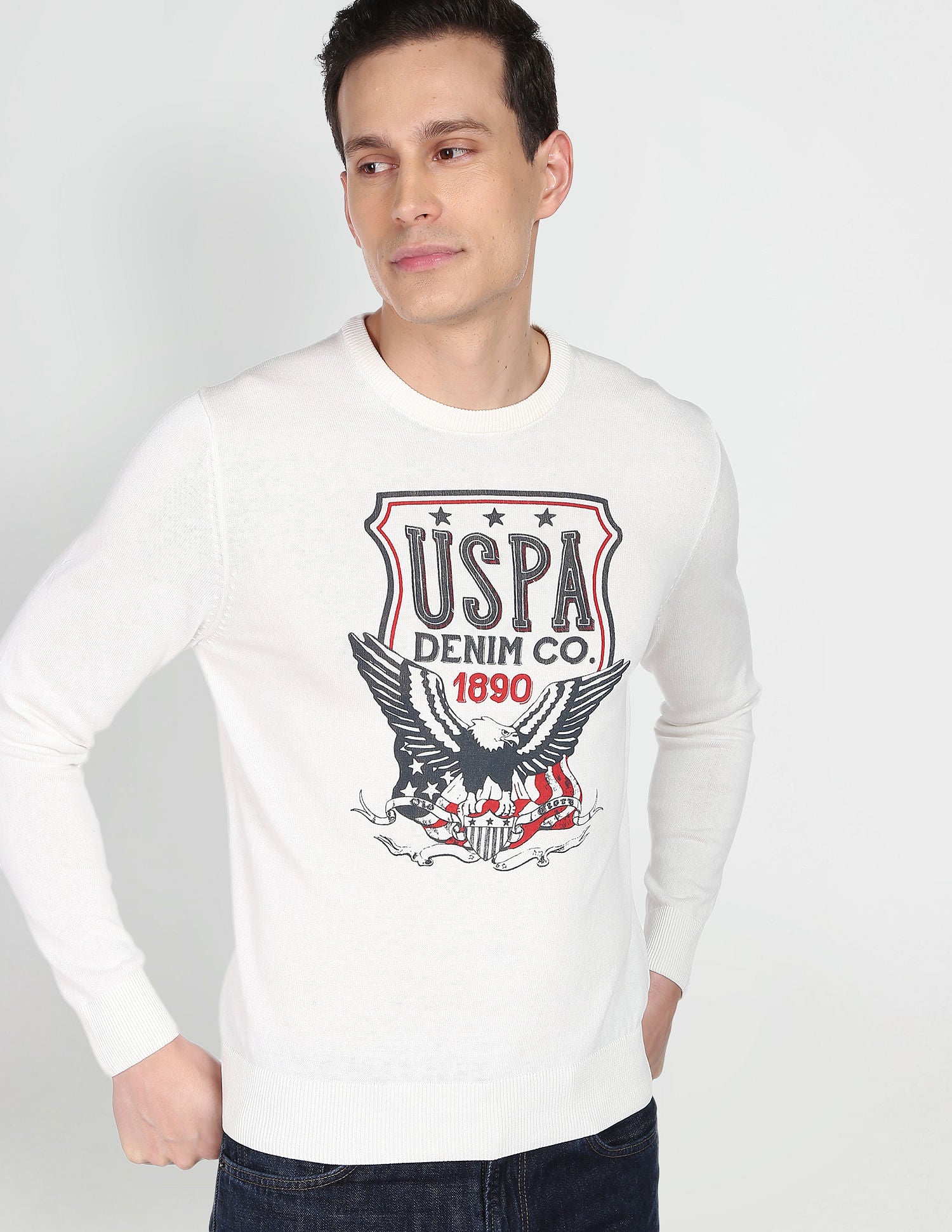 Crew Neck Graphic Print Cotton Sweater Off White - U.S. POLO ASSN. | Large