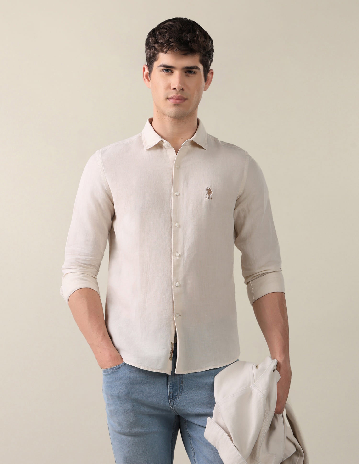 Solid Regular Fit Shirt Beige - U.S. Polo Assn. India | Large