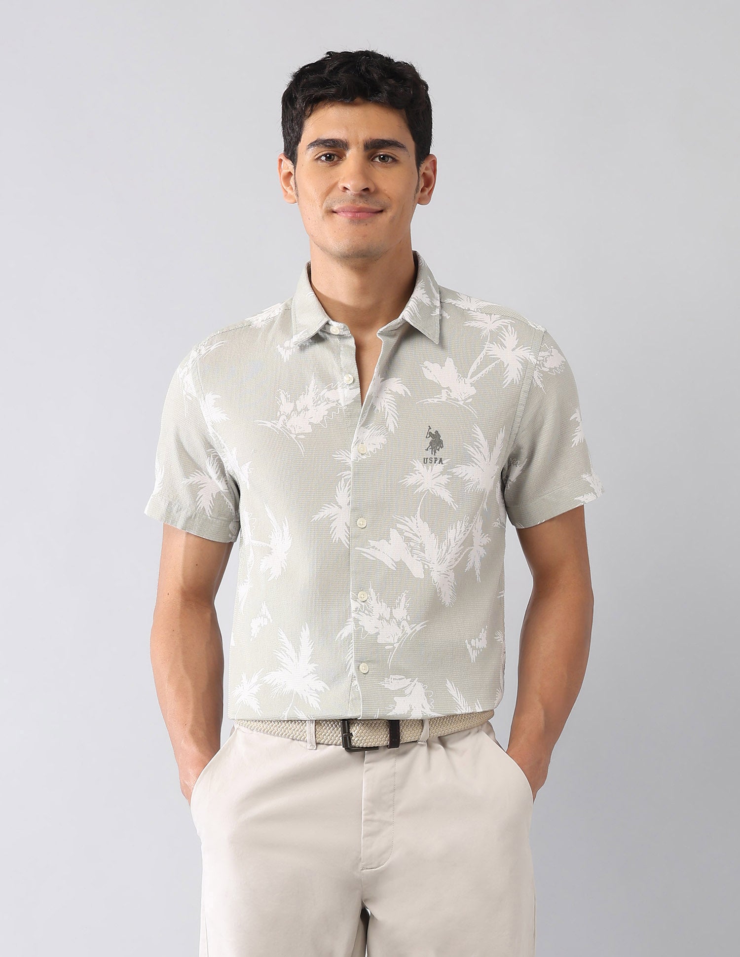 Tropical Printed Dobby Regular Fit Shirt Light Green - U.S. Polo Assn. India | Large
