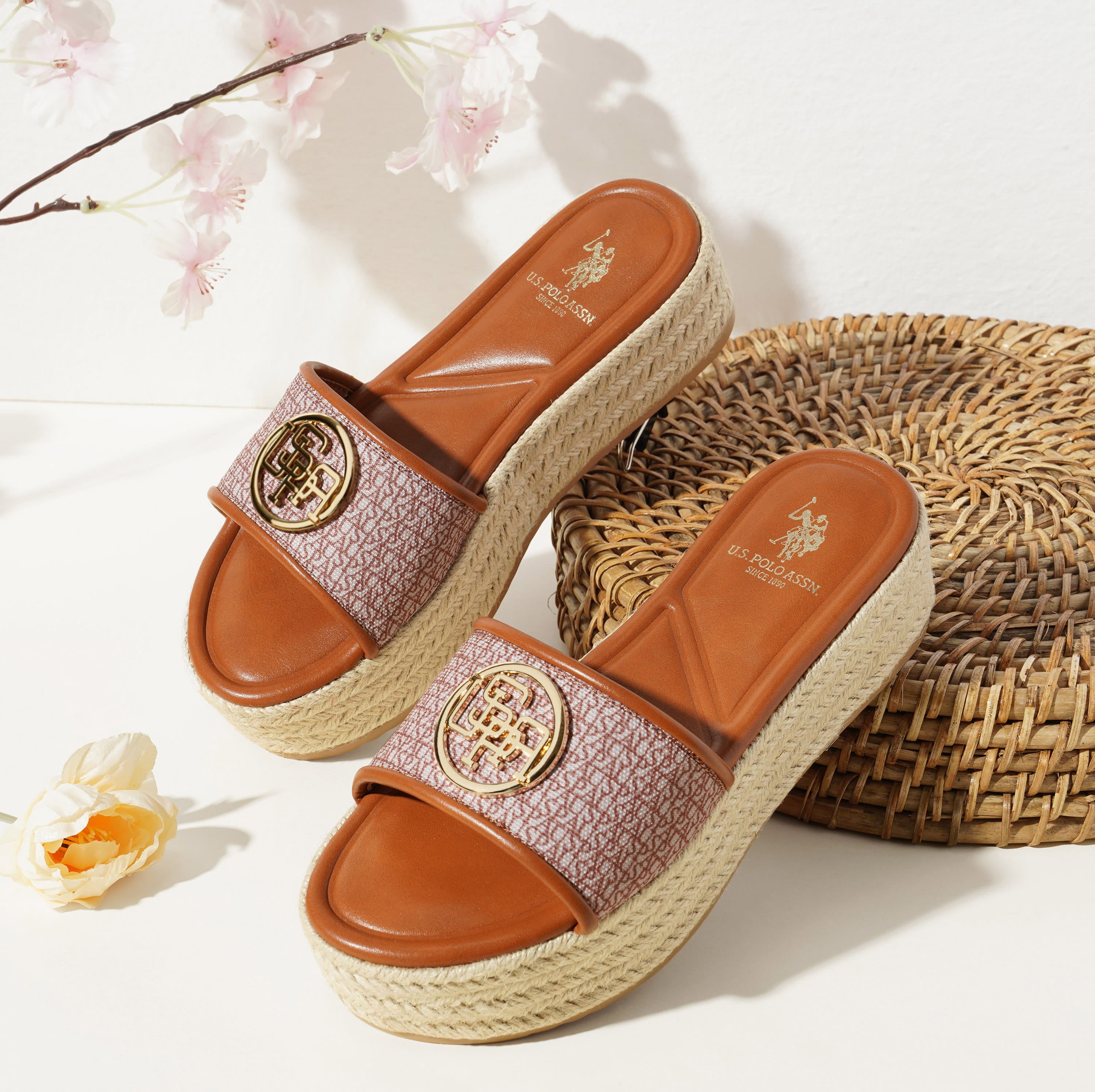 Cristina Tan Monogram Print Wedges Tan - U.S. Polo Assn. India | Large