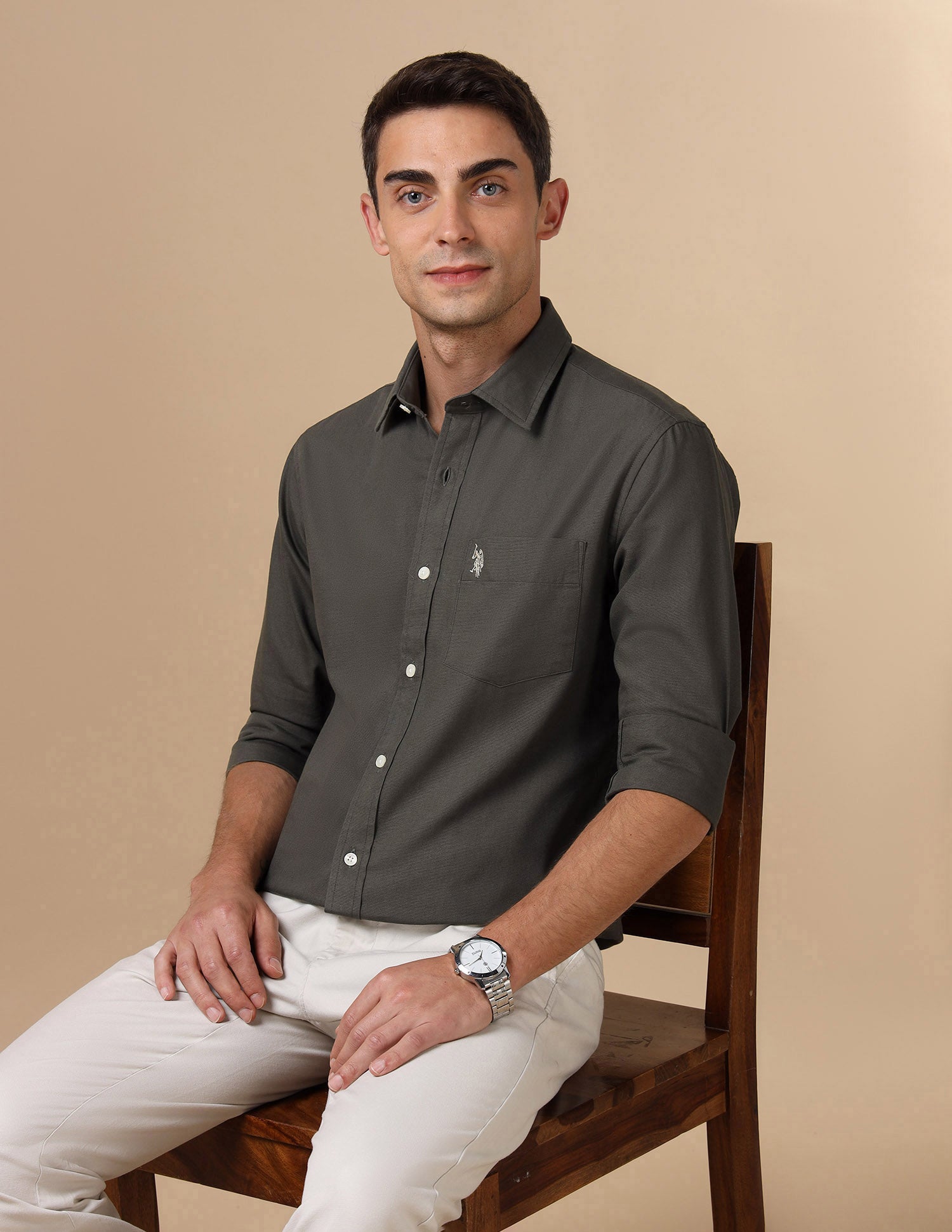 Tailored Fit Pure Cotton Shirt Light Olive - U.S. Polo Assn. India | Large