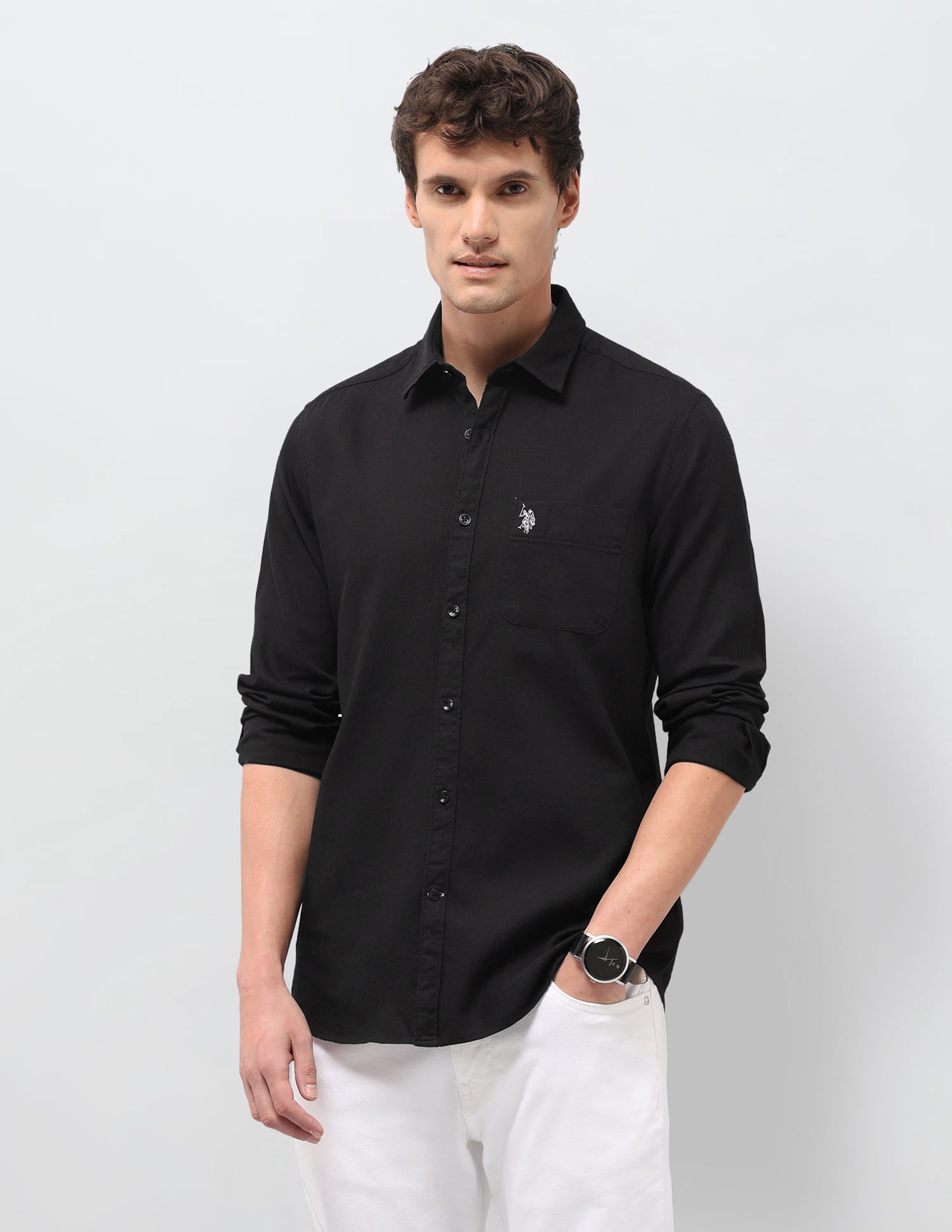 Solid Dobby Regular Fit Shirt Black - U.S. Polo Assn. India | Large