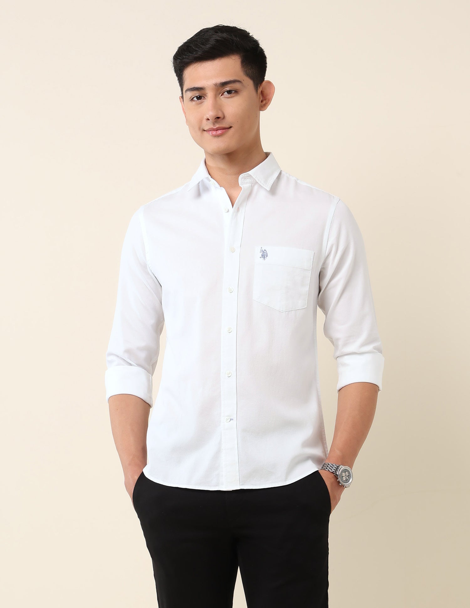 Pure Cotton Dobby Tailored Fit Shirt White - U.S. Polo Assn. India | Large