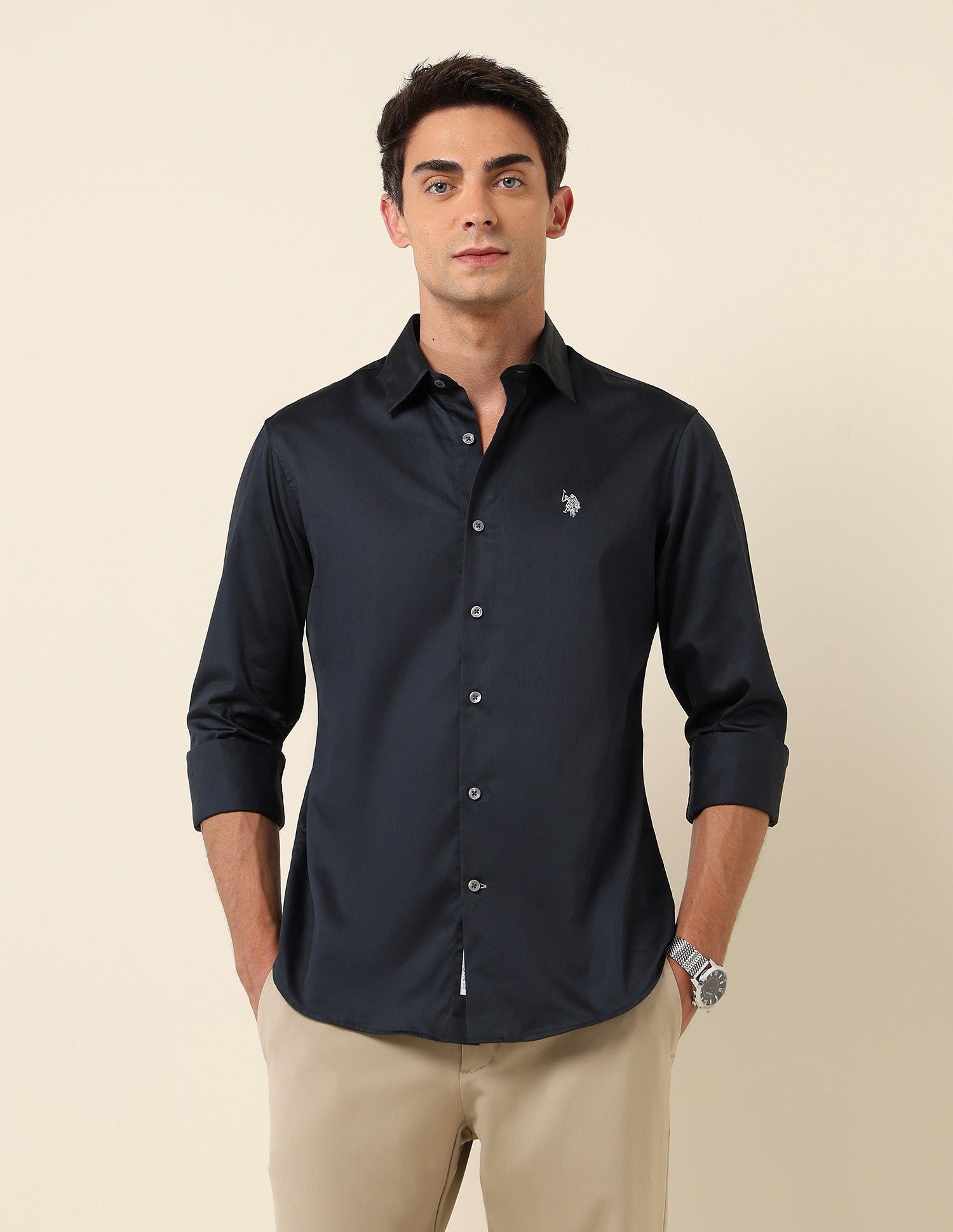 Tailored Fit Satin Pure Cotton Shirt Navy - U.S. Polo Assn. India | Large