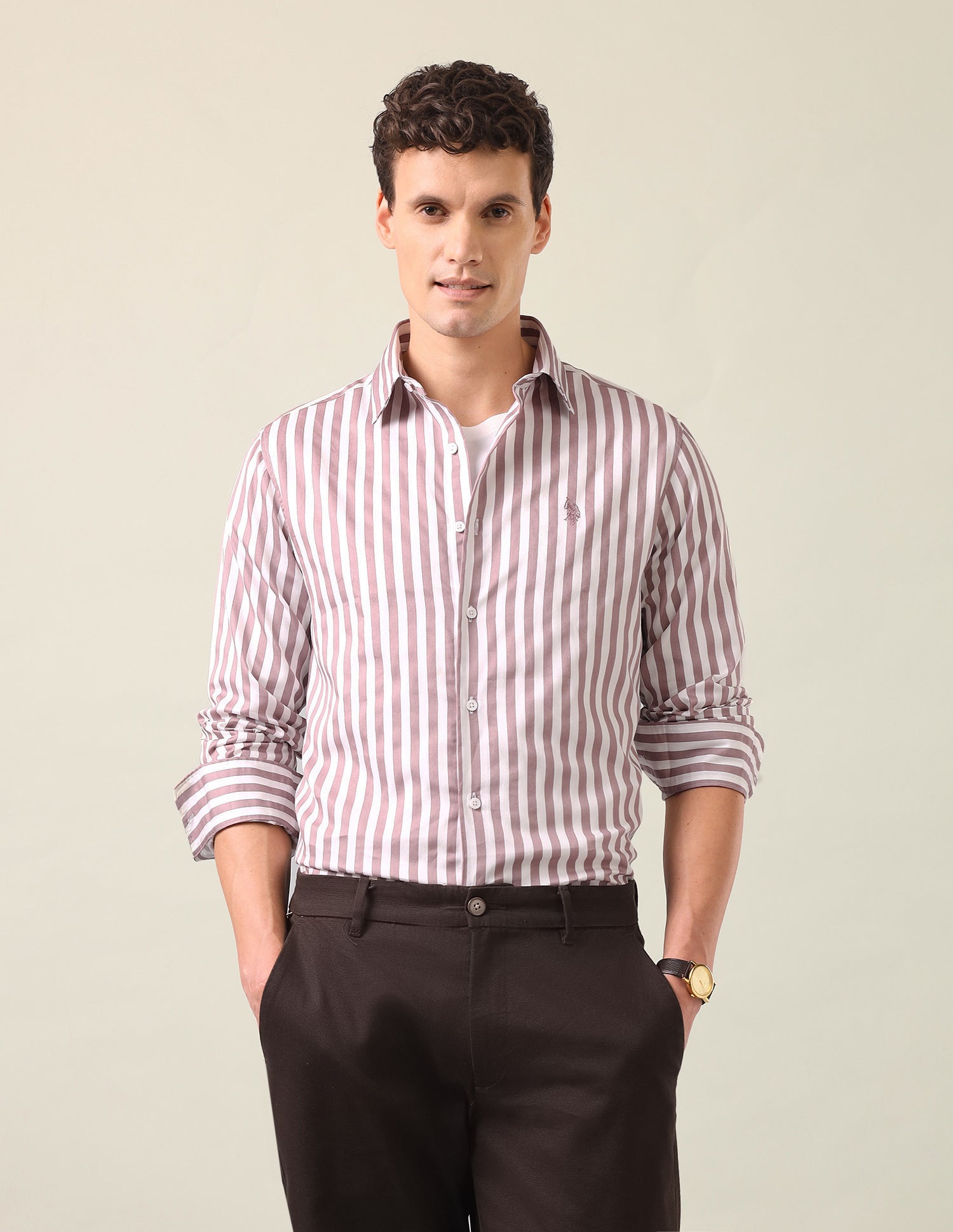 Vertical Striped Satin Shirt Pink - U.S. Polo Assn. India | Large