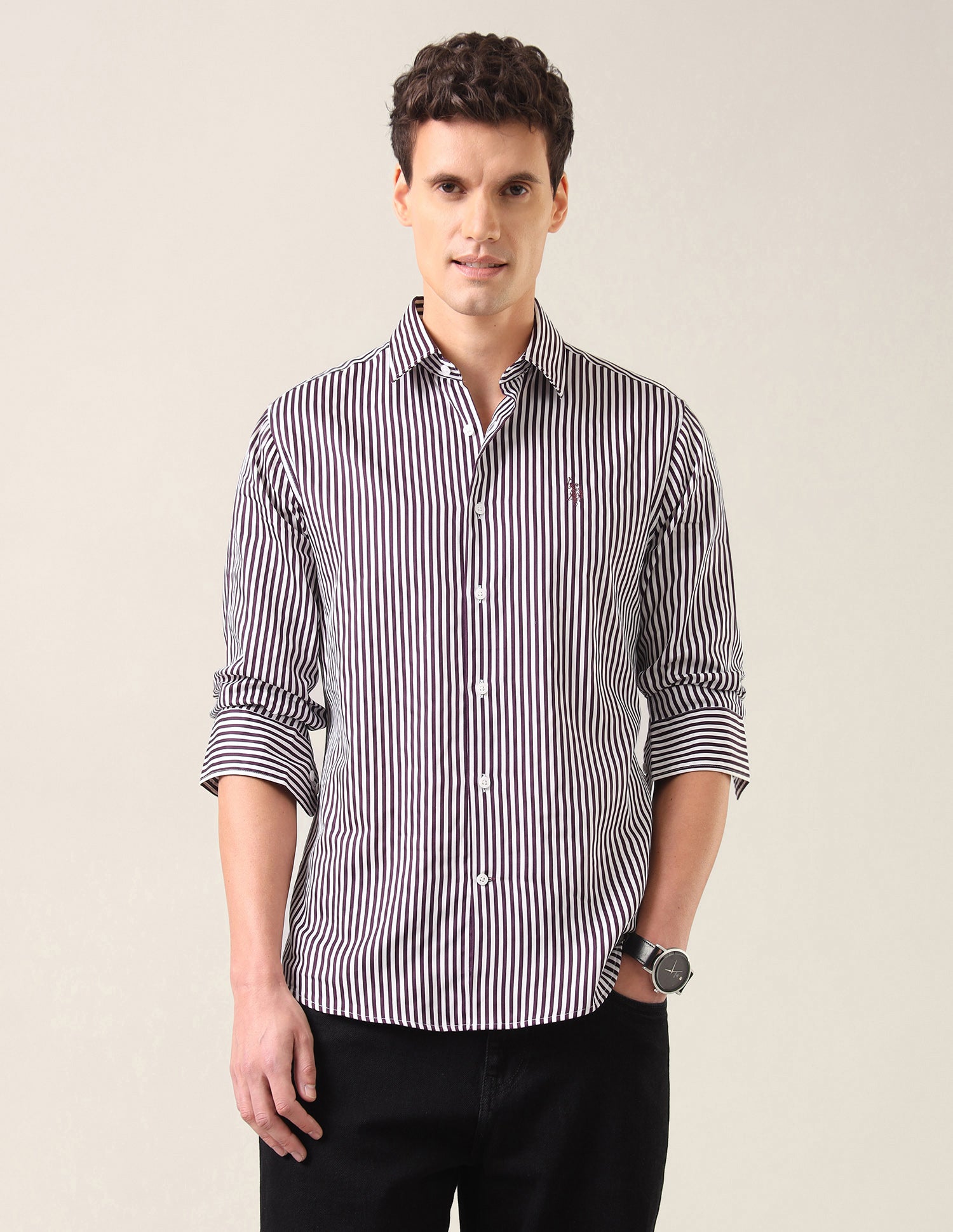 Vertical Striped Satin Shirt Dark Purple - U.S. Polo Assn. India | Large