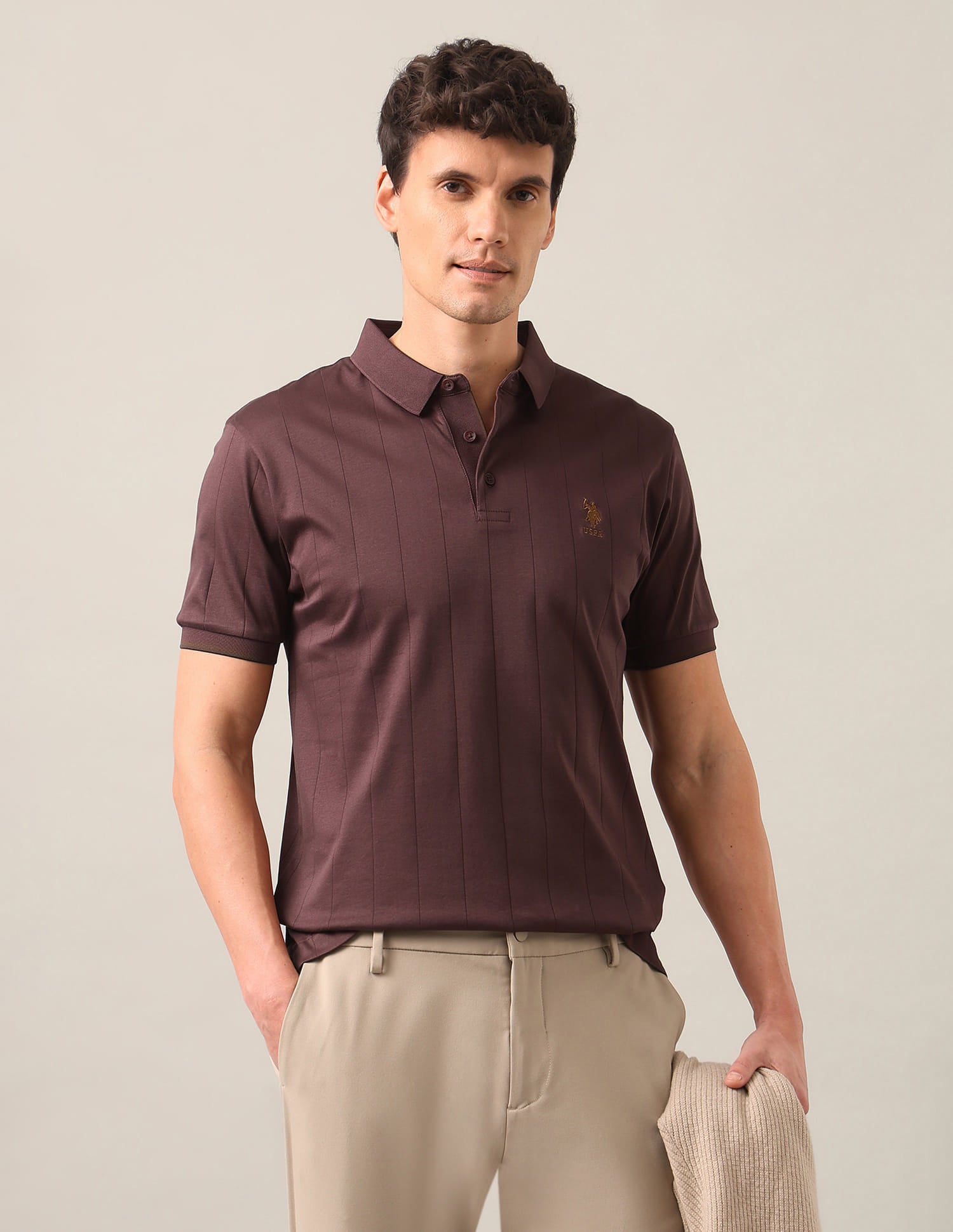 Self Design Vertical Striped Slim Fit Polo Shirt Brown - U.S. Polo Assn. India | Large