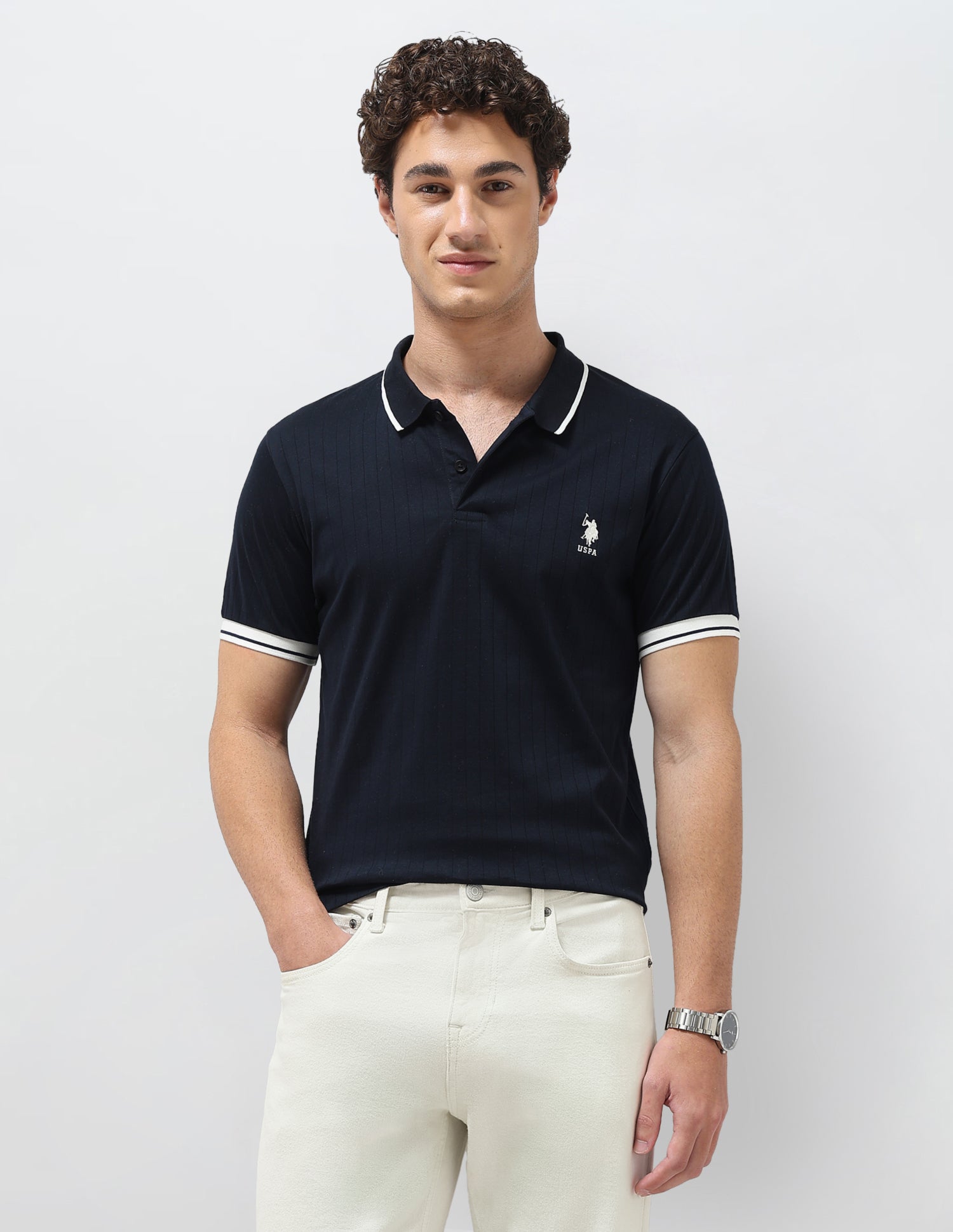 Self Design Vertical Striped Slim Fit Polo Shirt