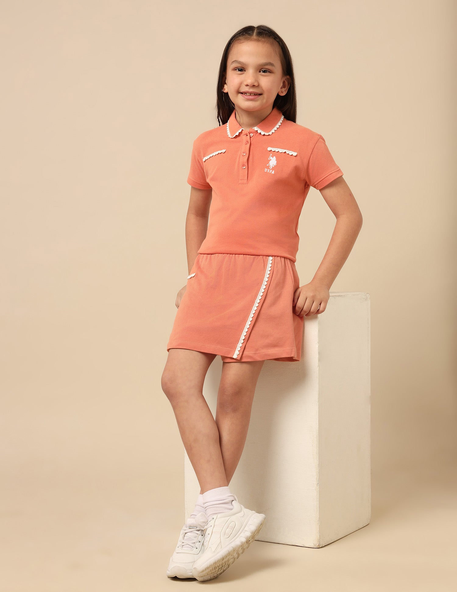 Girls Solid Lace Trim Skort