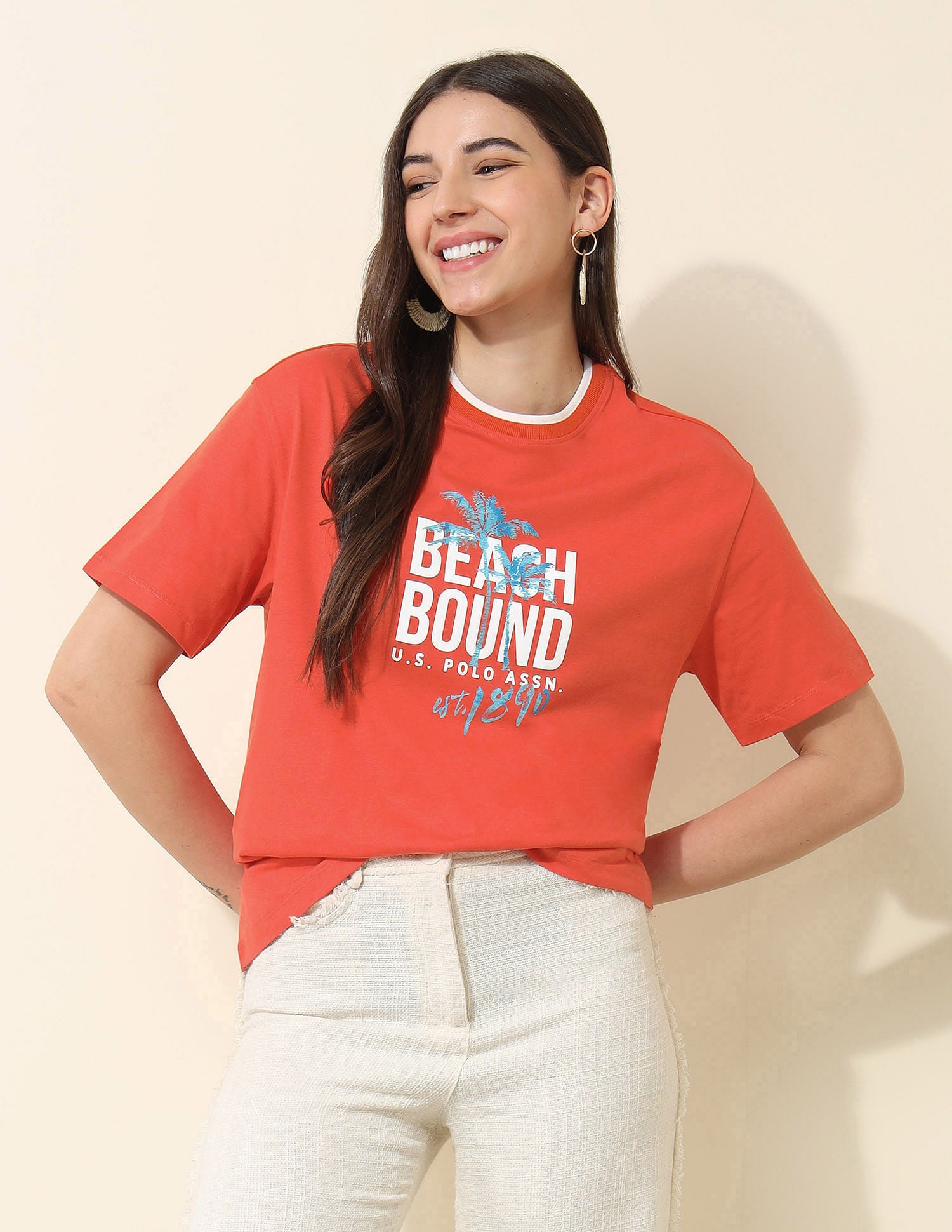 Boyfriend Fit Brand Printed T-Shirt Orange - U.S. Polo Assn. India | Large