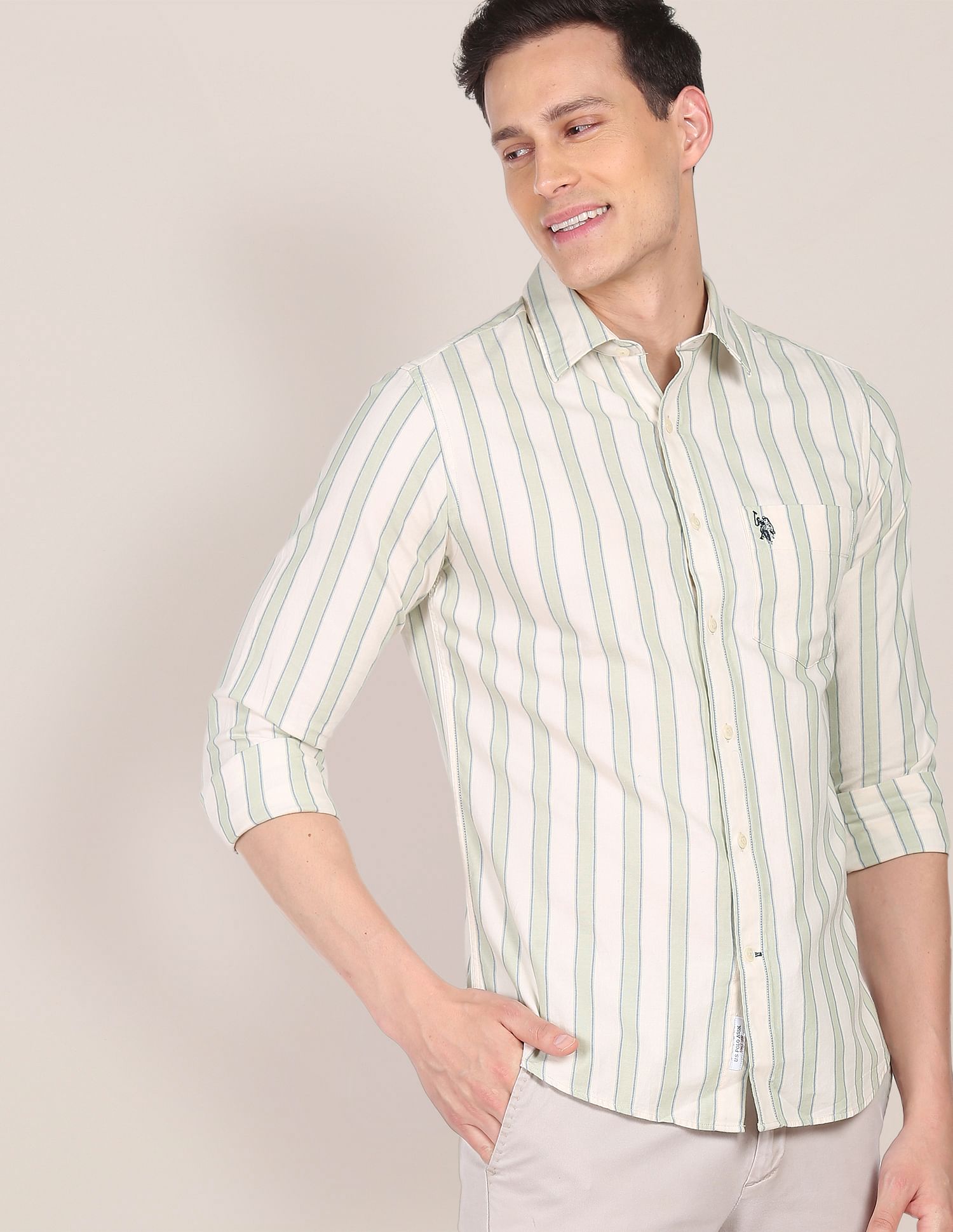 Vertical Stripe Cotton Casual Shirt Green and Beige - U.S. Polo Assn. India | Large