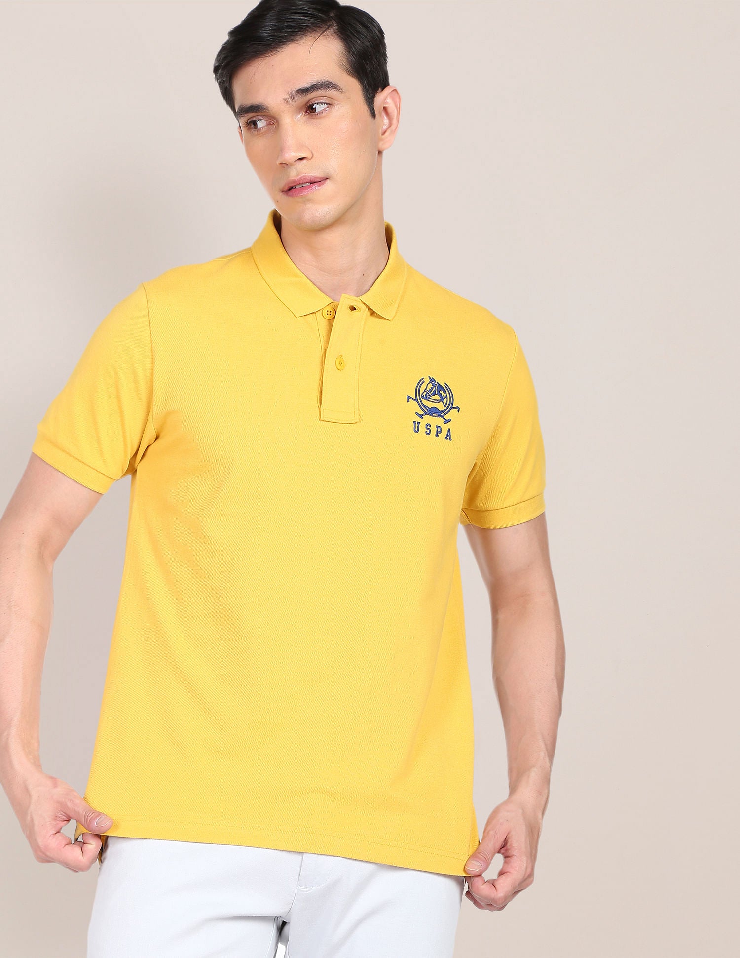 Men Mustard Solid Pure Cotton Polo Shirt Mustard - U.S. Polo Assn. India | Large