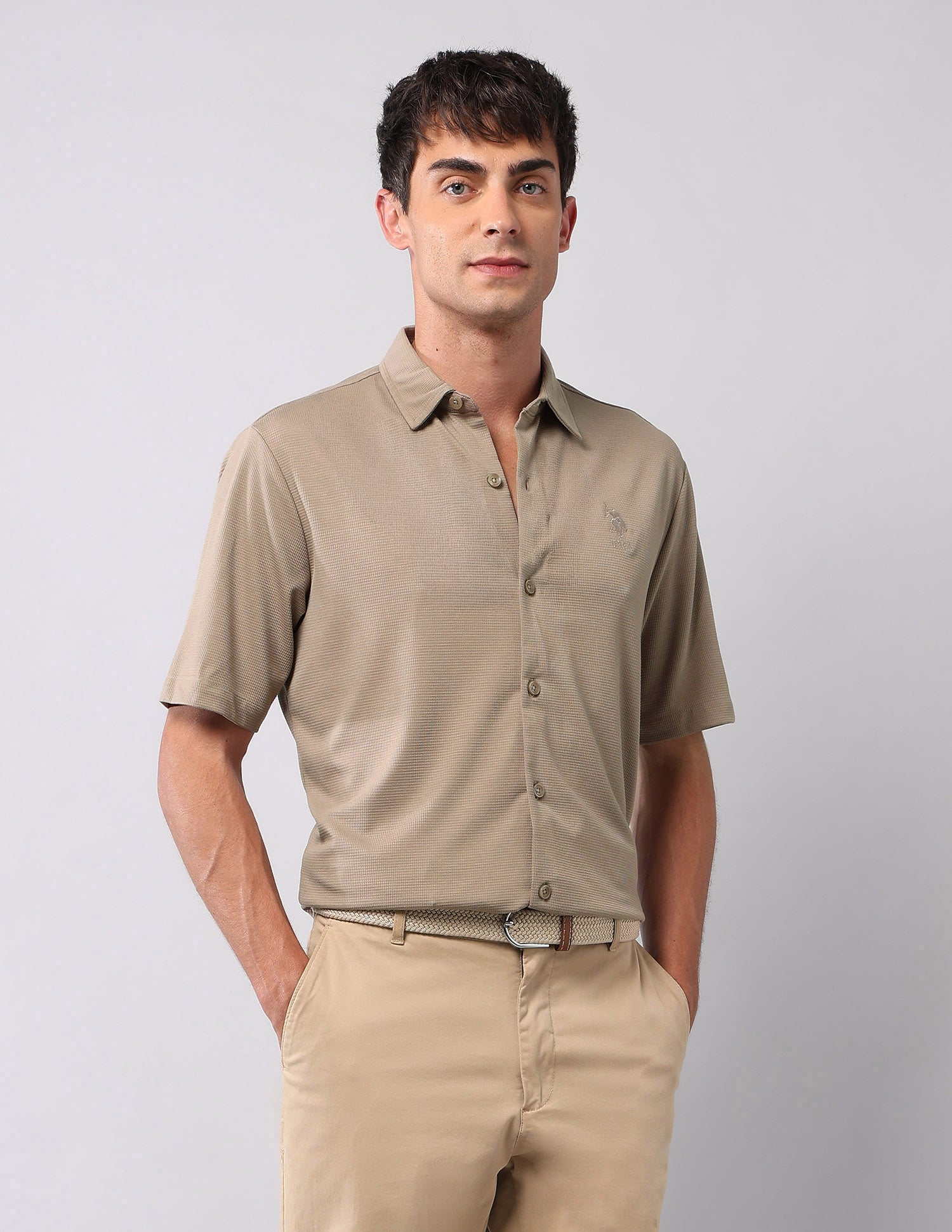 Relaxed Fit Knitted Pure Cotton Shirt Khaki - U.S. Polo Assn. India | Large