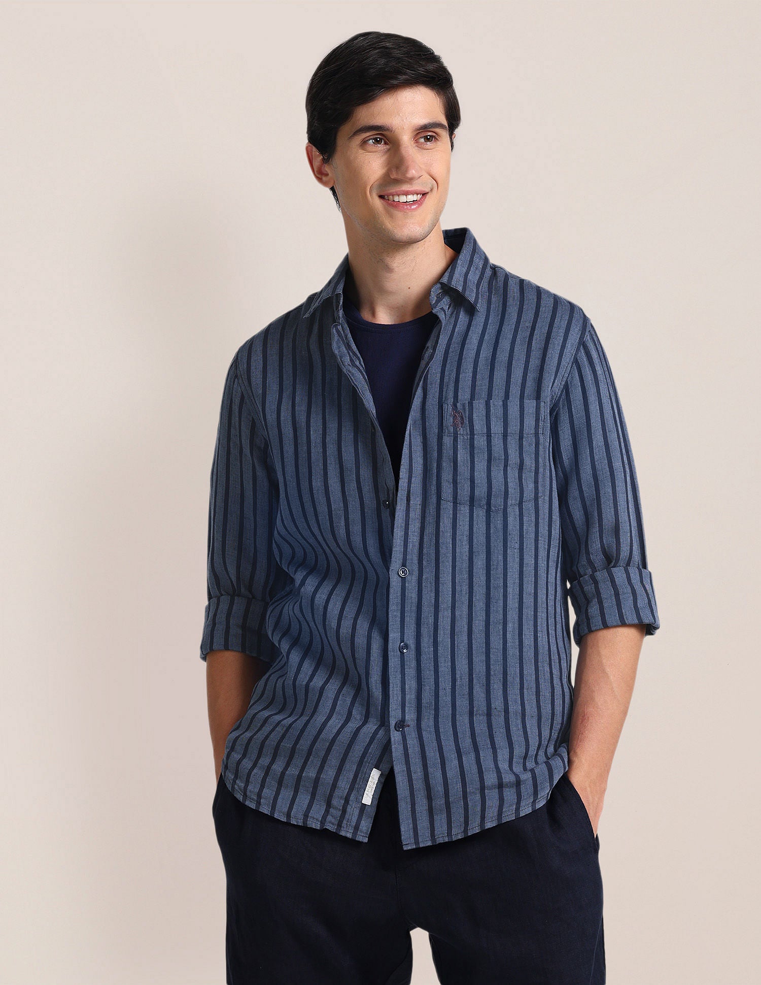 Vertical Stripe Linen Shirt Navy - U.S. Polo Assn. India | Large