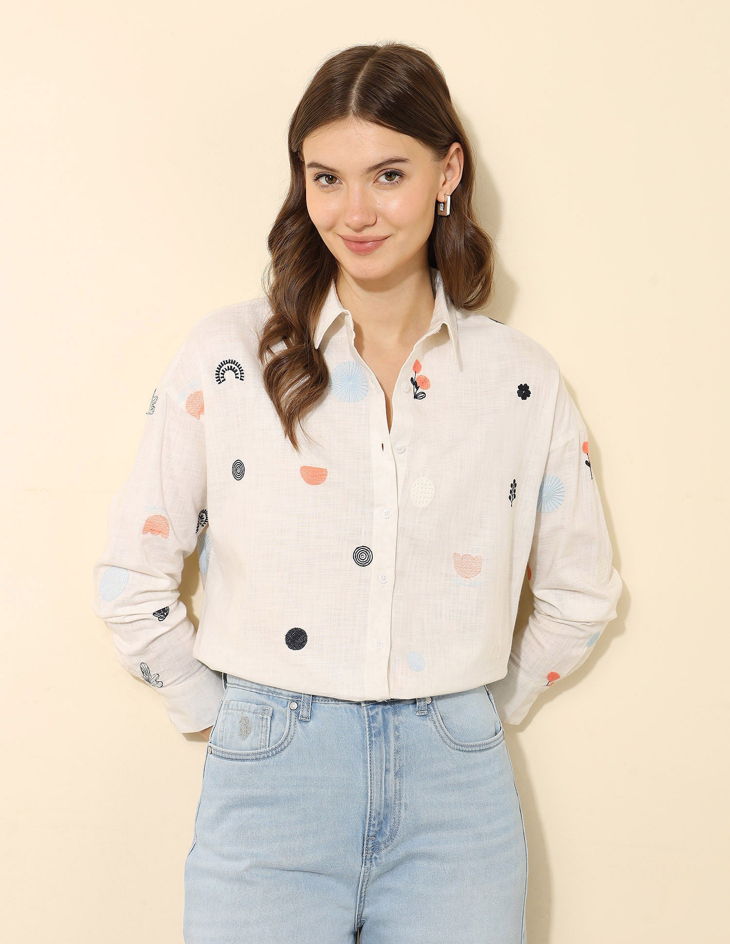 Oversized Floral Embroidered Shirt Off White - U.S. Polo Assn. India | Large