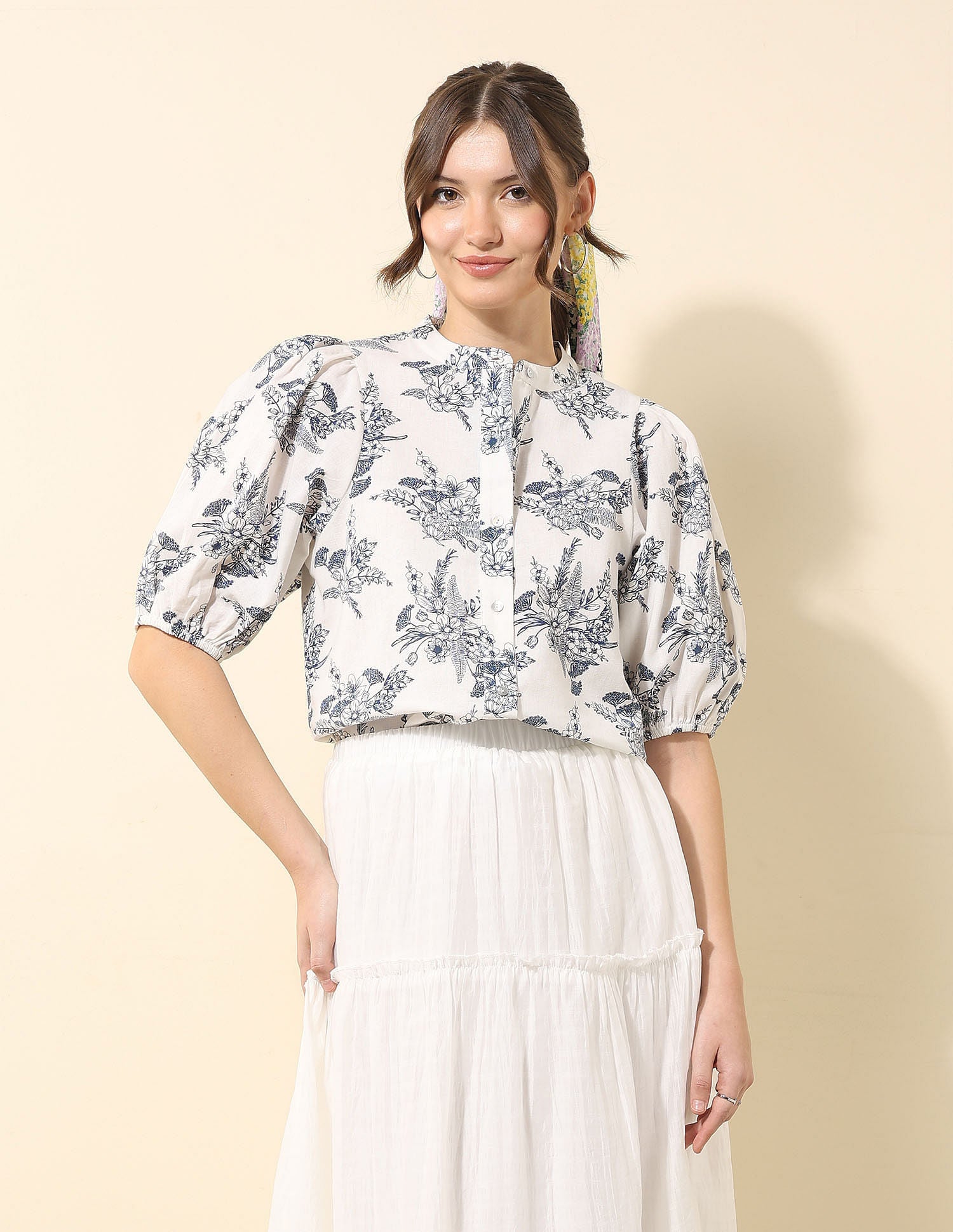 Floral Printed Chiffon Shirt Off White - U.S. Polo Assn. India | Large