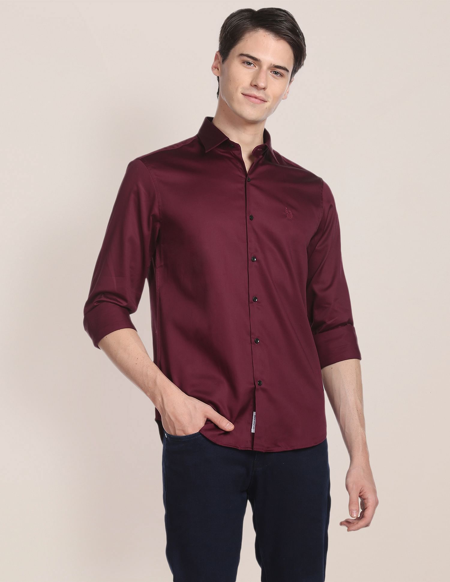 Spread Collar Solid Casual Shirt Burgundy - U.S. POLO ASSN. | Large