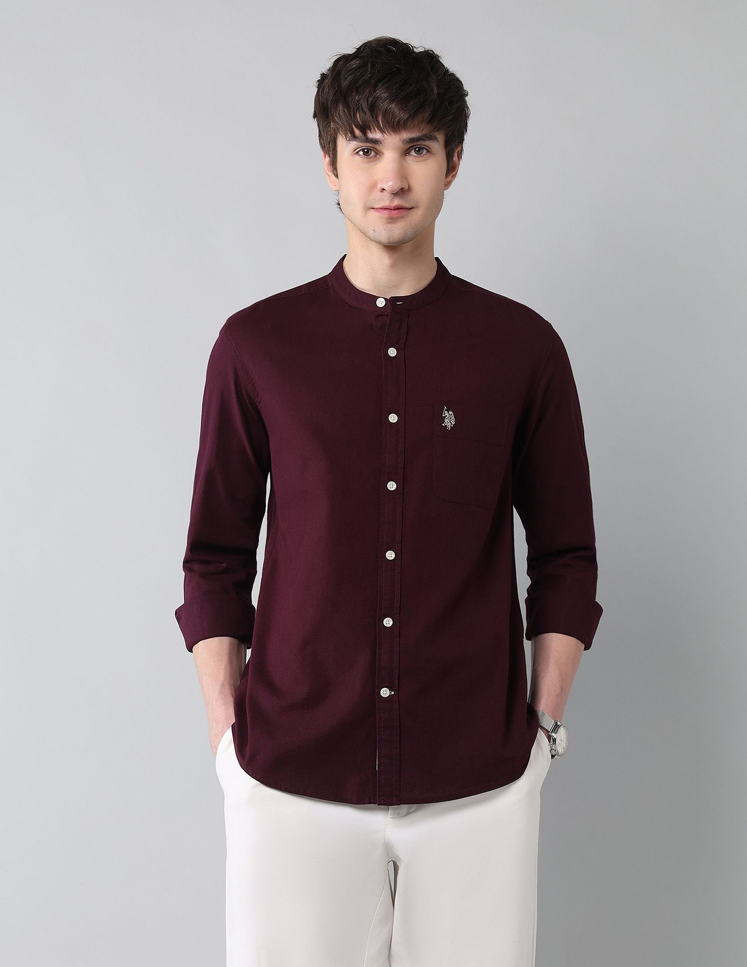 Solid Slub Mandarin Collar Shirt