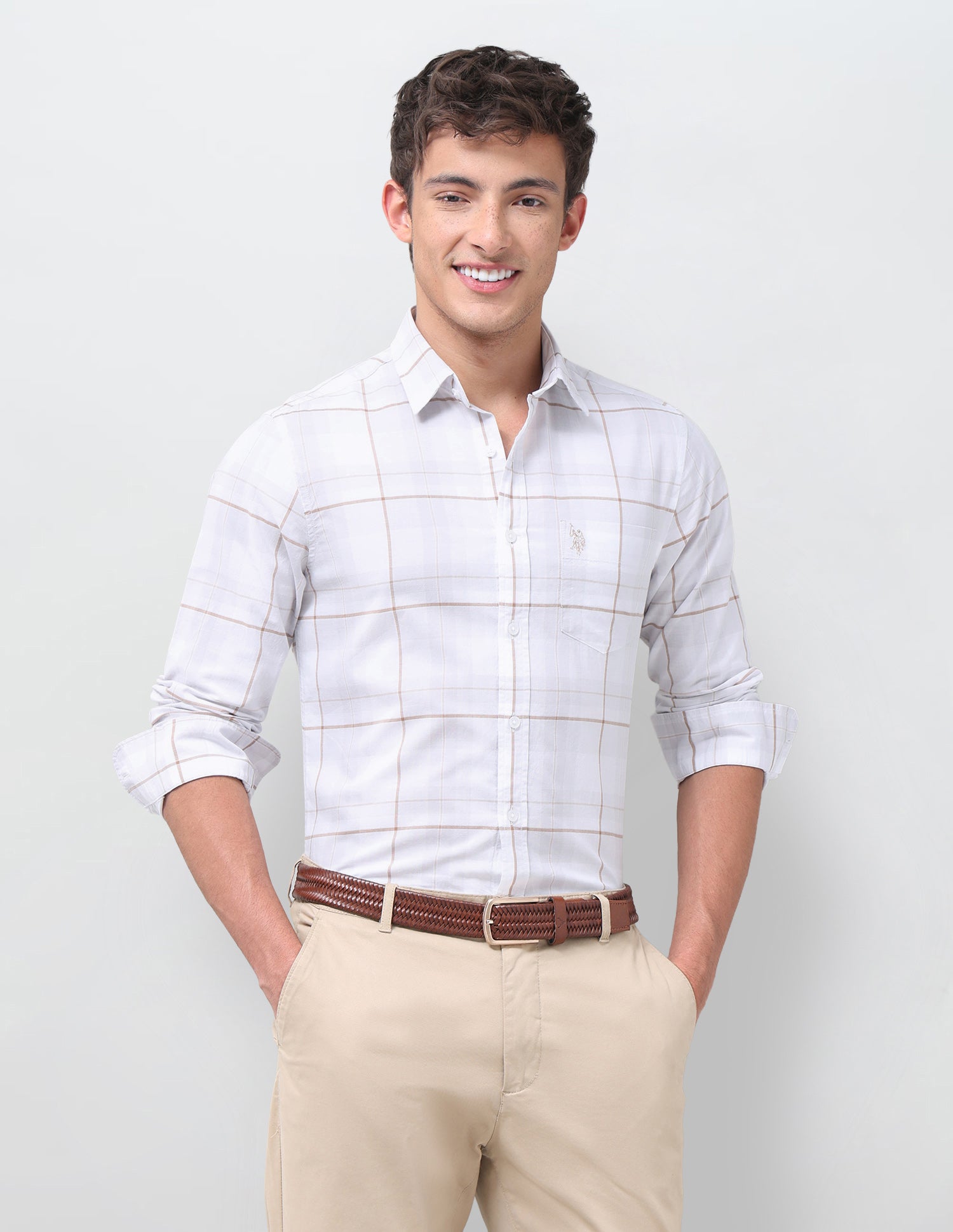 Windowpane Checked Regular Fit Shirt Light Khaki - U.S. Polo Assn. India | Large