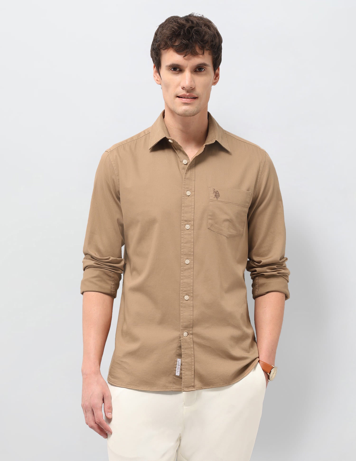 Solid Tailored Fit Shirt Beige - U.S. Polo Assn. India | Large