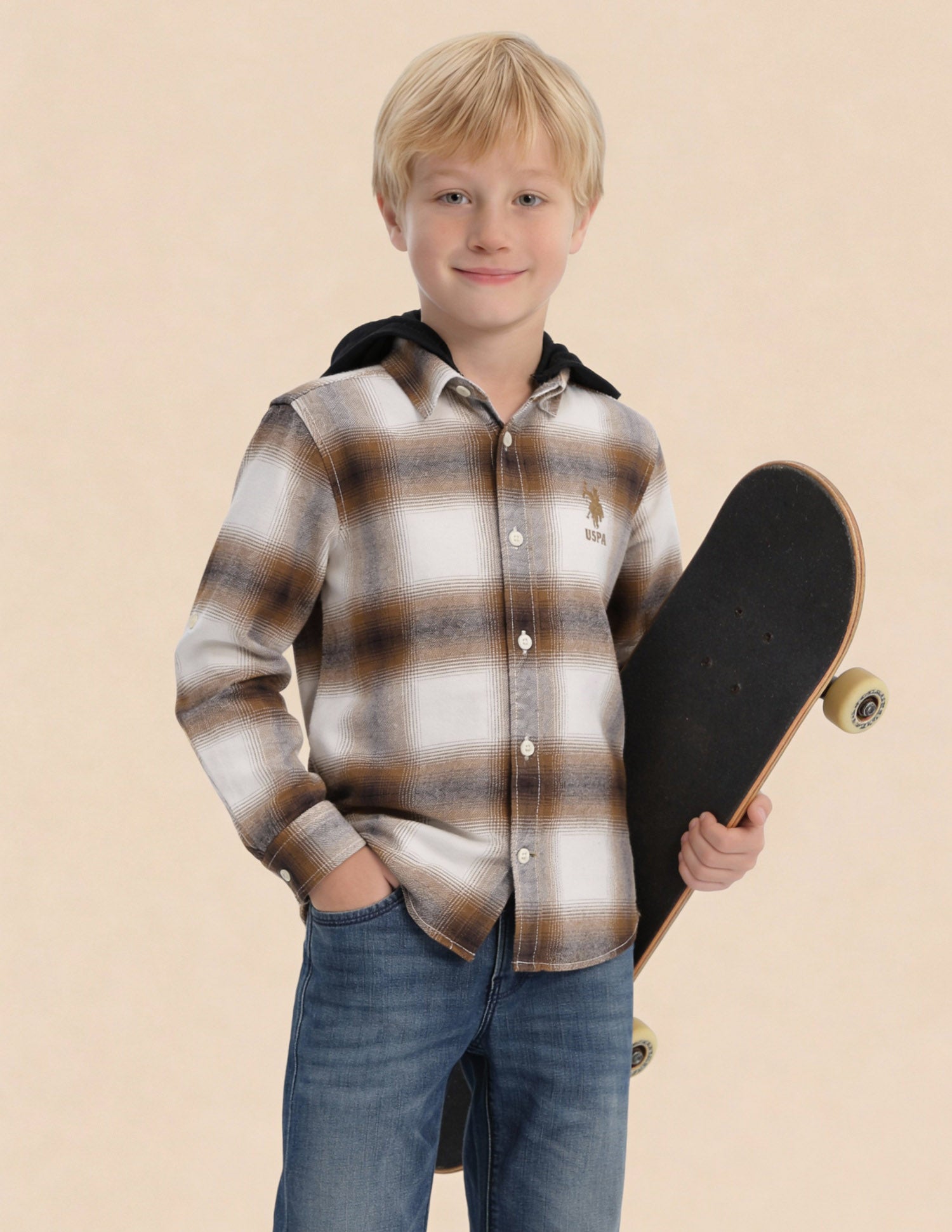 Boys Tartan Checked Regular Fit Shirt Beige - U.S. Polo Assn. India | Large