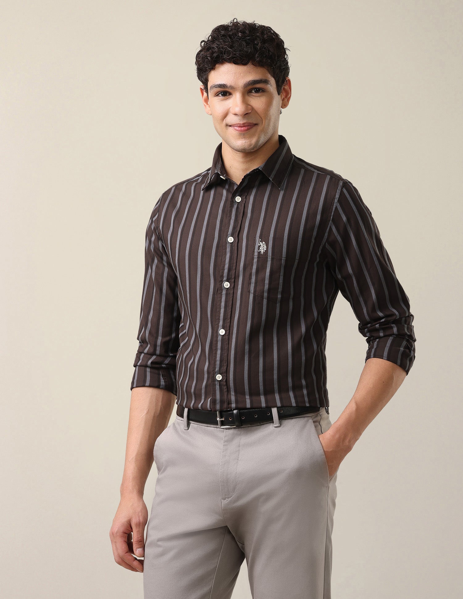 Vertical Striped Twill Shirt Dark Brown - U.S. Polo Assn. India | Large