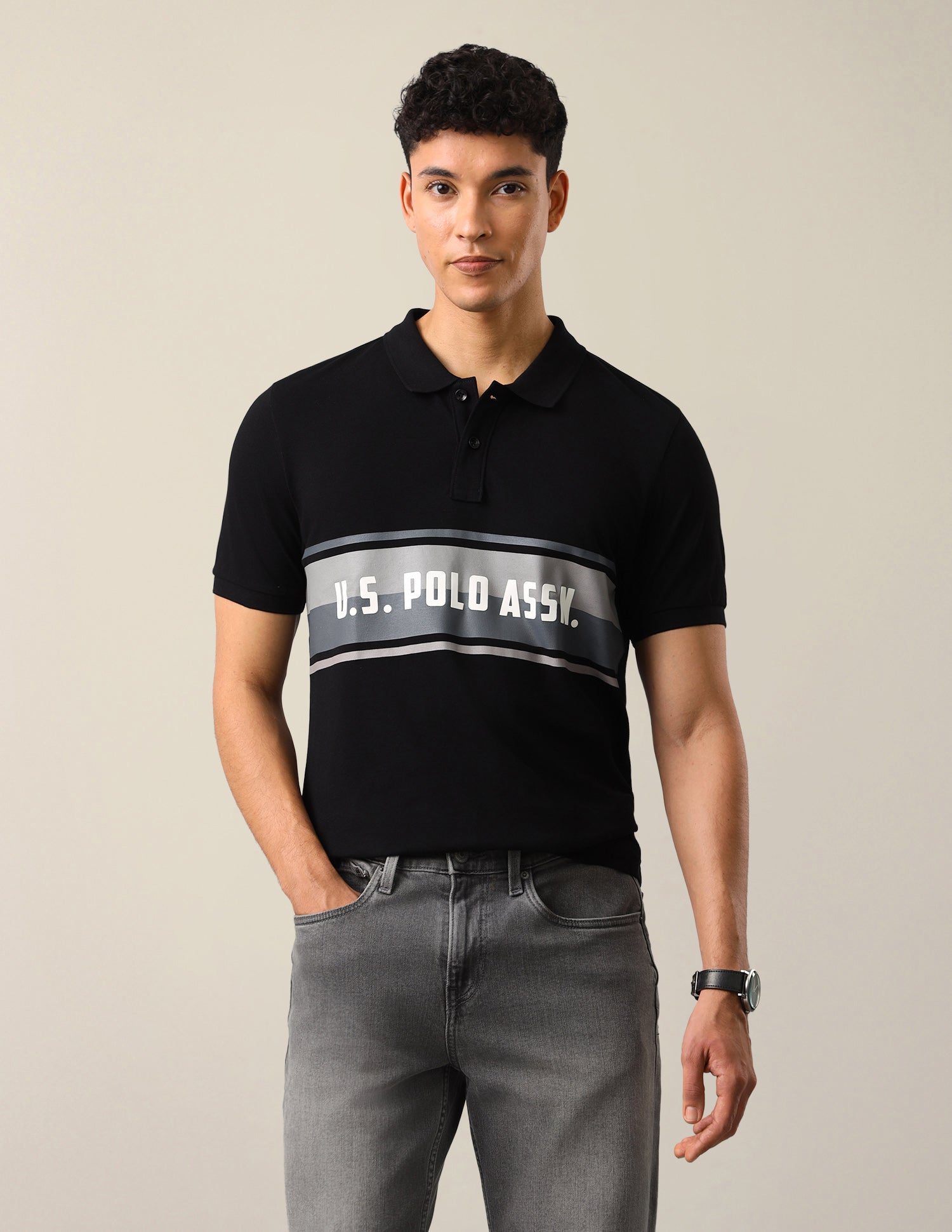 Colourblocked With Brand Printed Slim Fit Polo Shirt Black - U.S. Polo Assn. India | Large