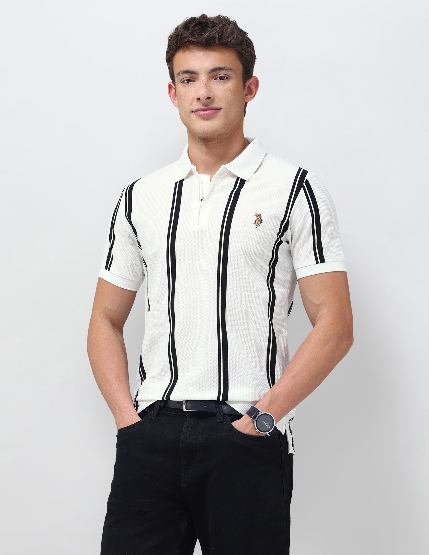 Vertical Striped Slim Fit Polo Shirt Ivory - U.S. Polo Assn. India | Large
