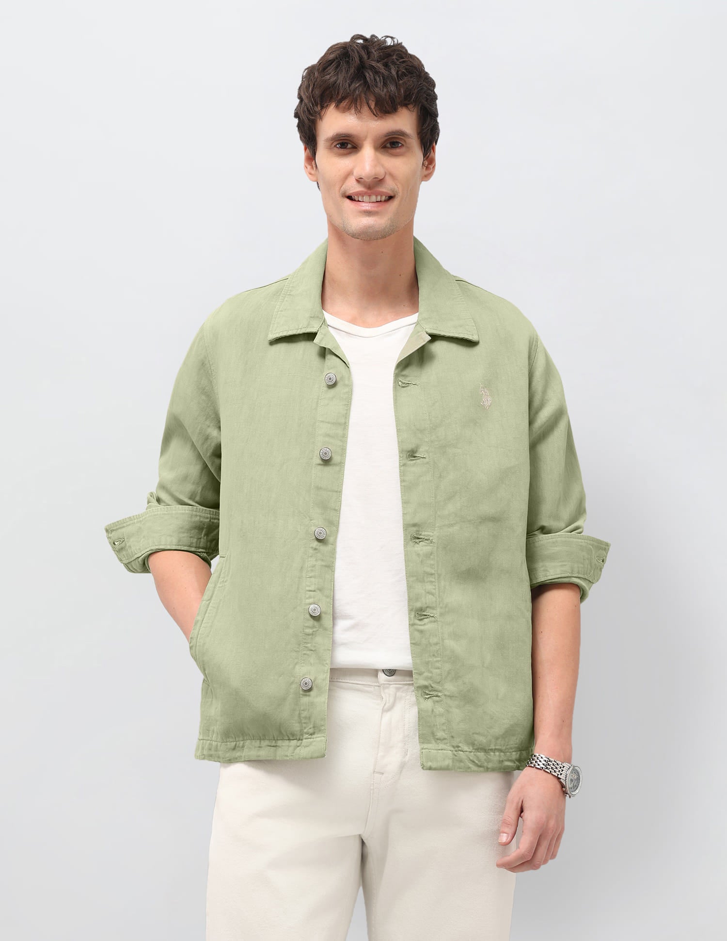 Solid Linen Regular Fit Jacket Green - U.S. Polo Assn. India | Large