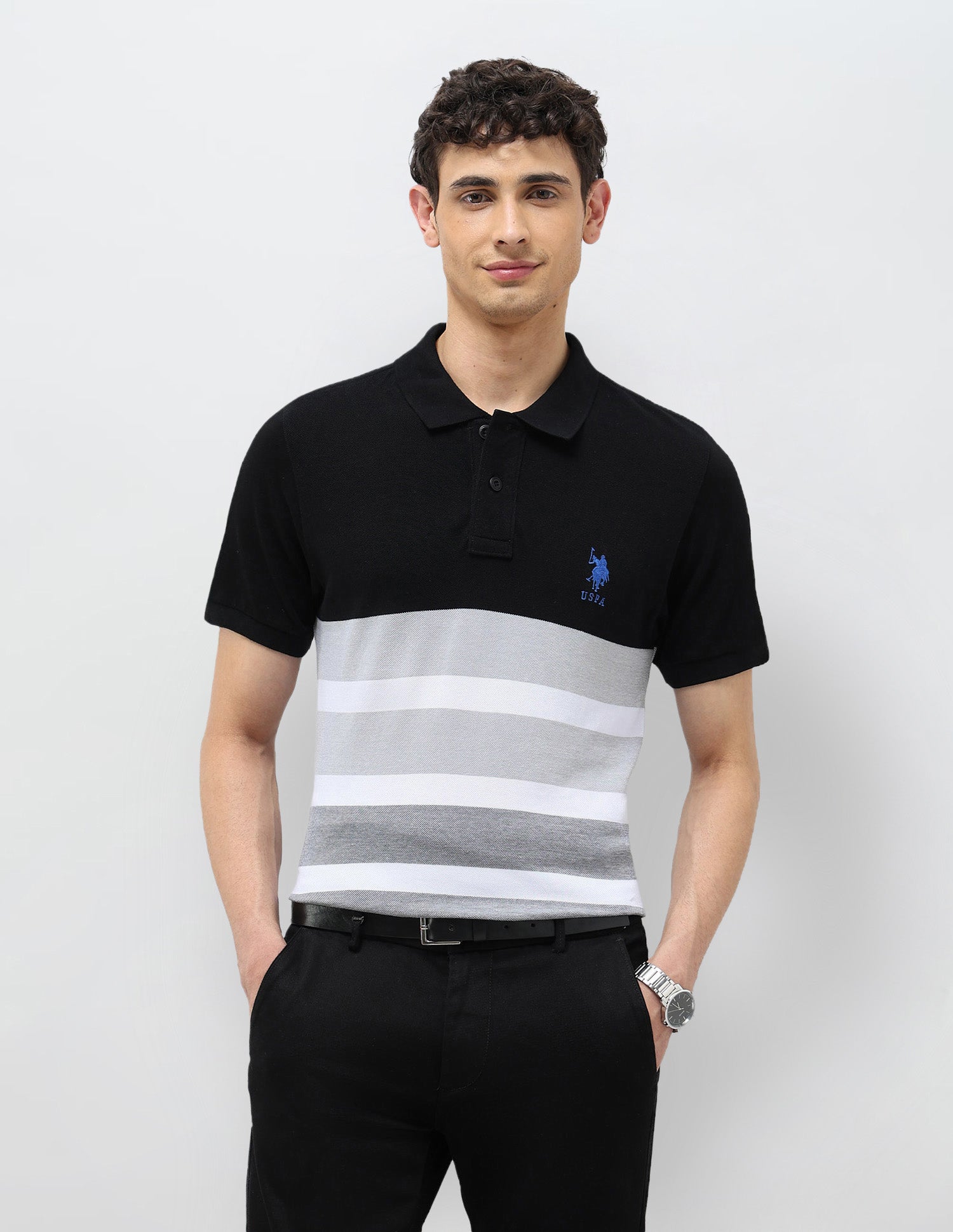 Horizontal Striped Slim Fit Polo shirt Black - U.S. Polo Assn. India | Large