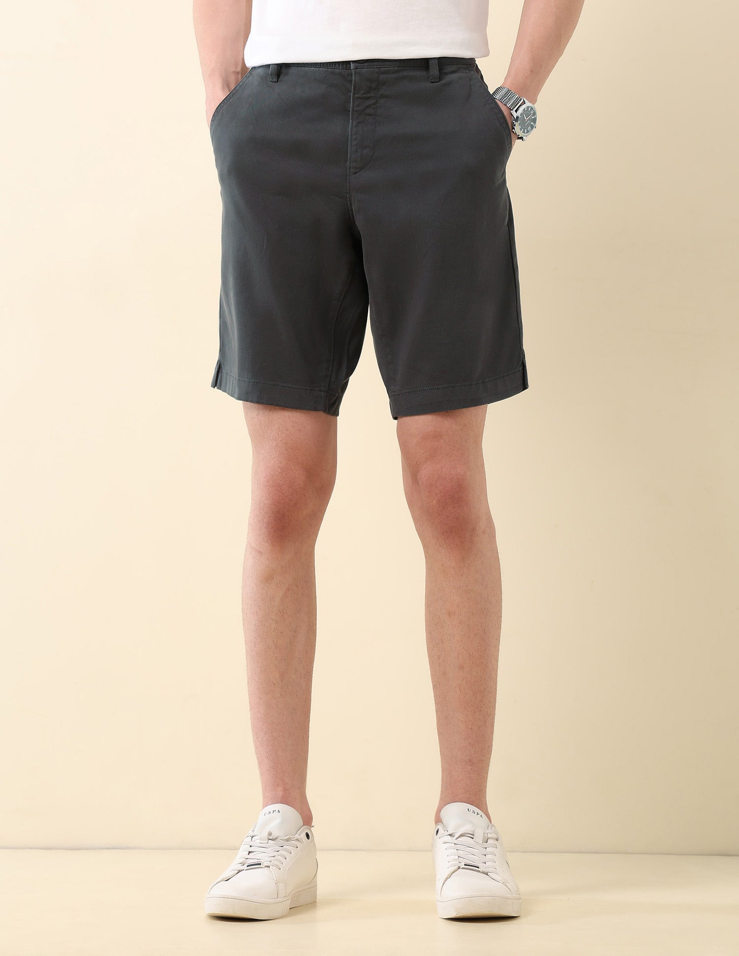 Slim Fit Solid Chino Shorts Dark Grey - U.S. Polo Assn. India | Large