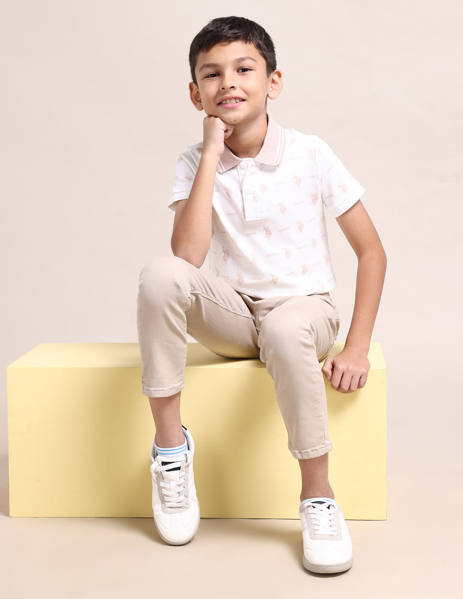 Boys All Over Logo Polo Shirt Ecru - U.S. Polo Assn. India | Large