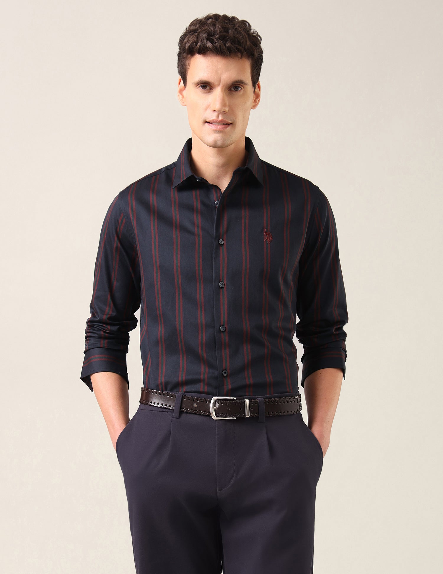 Vertical Striped Satin Shirt Navy - U.S. Polo Assn. India | Large