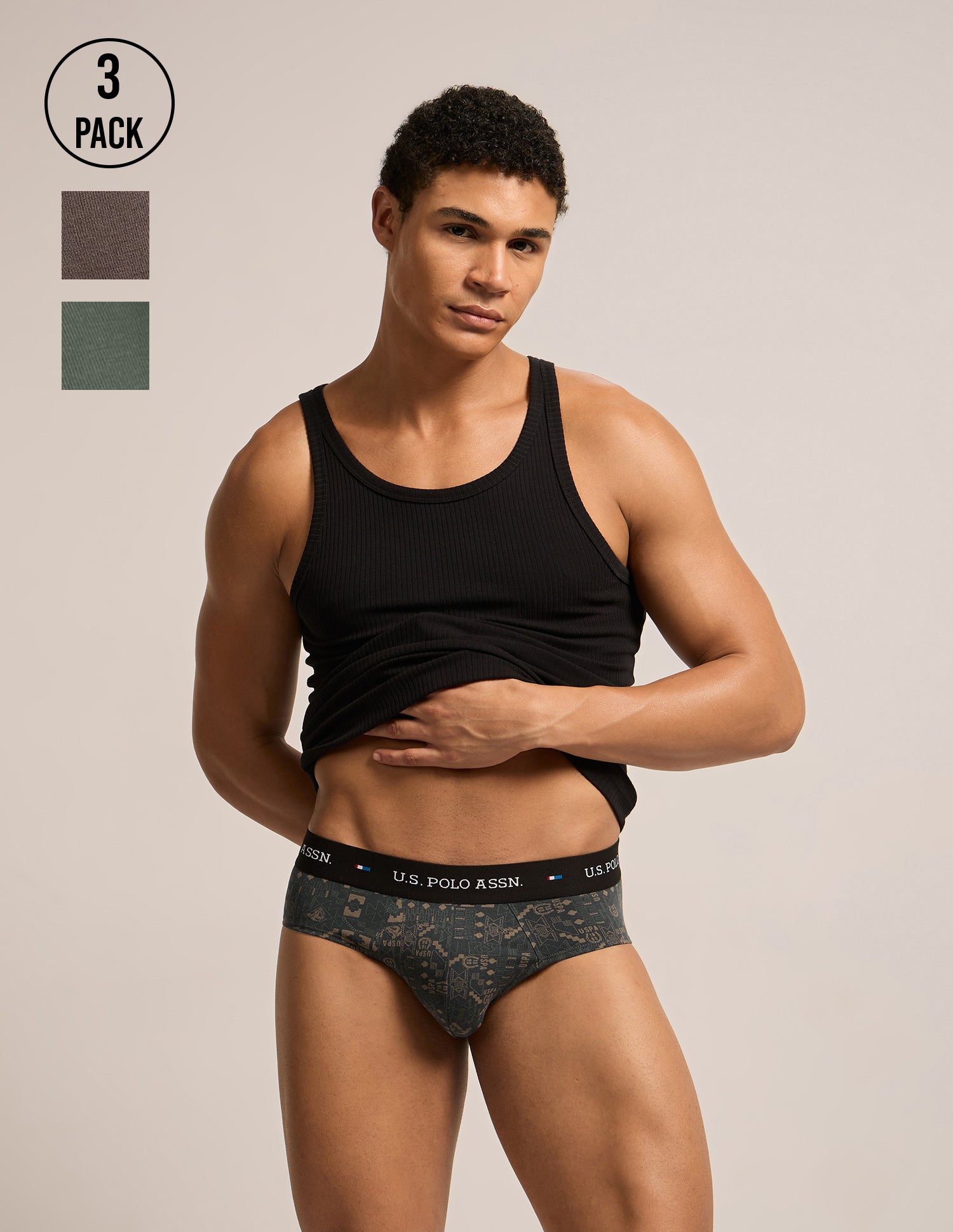 Breathable Cotton Stretch OEB25 Briefs - Pack of 3 Java|Bettle|Forest River - U.S. Polo Assn. India | Large