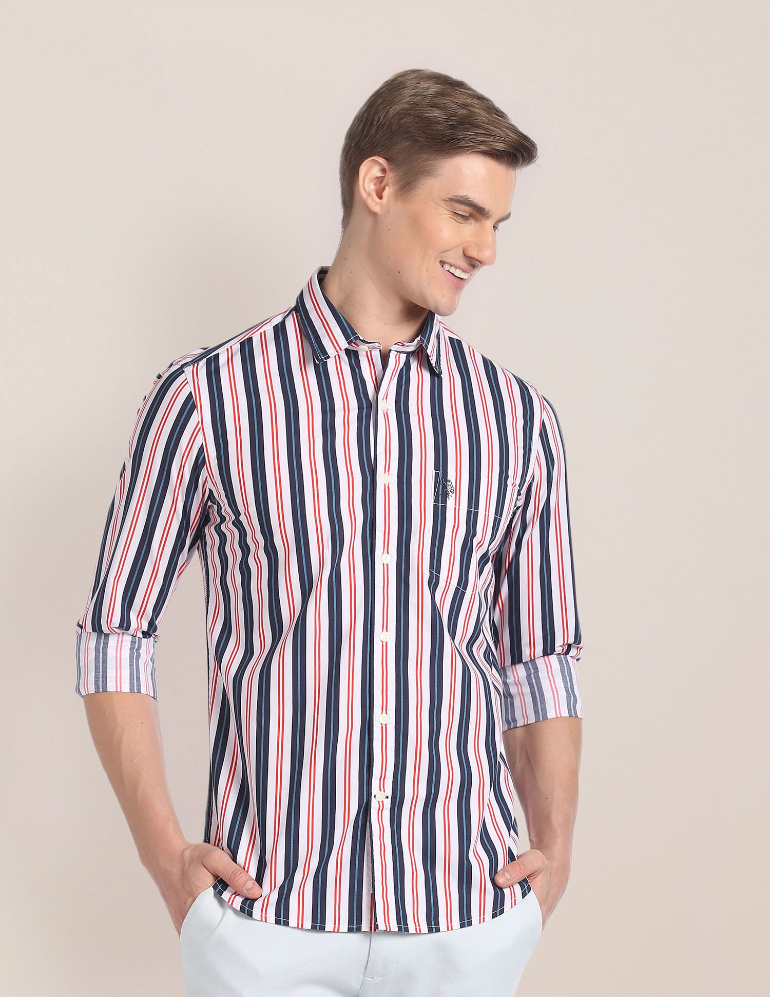 Cutaway Collar Vertical Stripe Shirt Coral - U.S. Polo Assn. India | Large