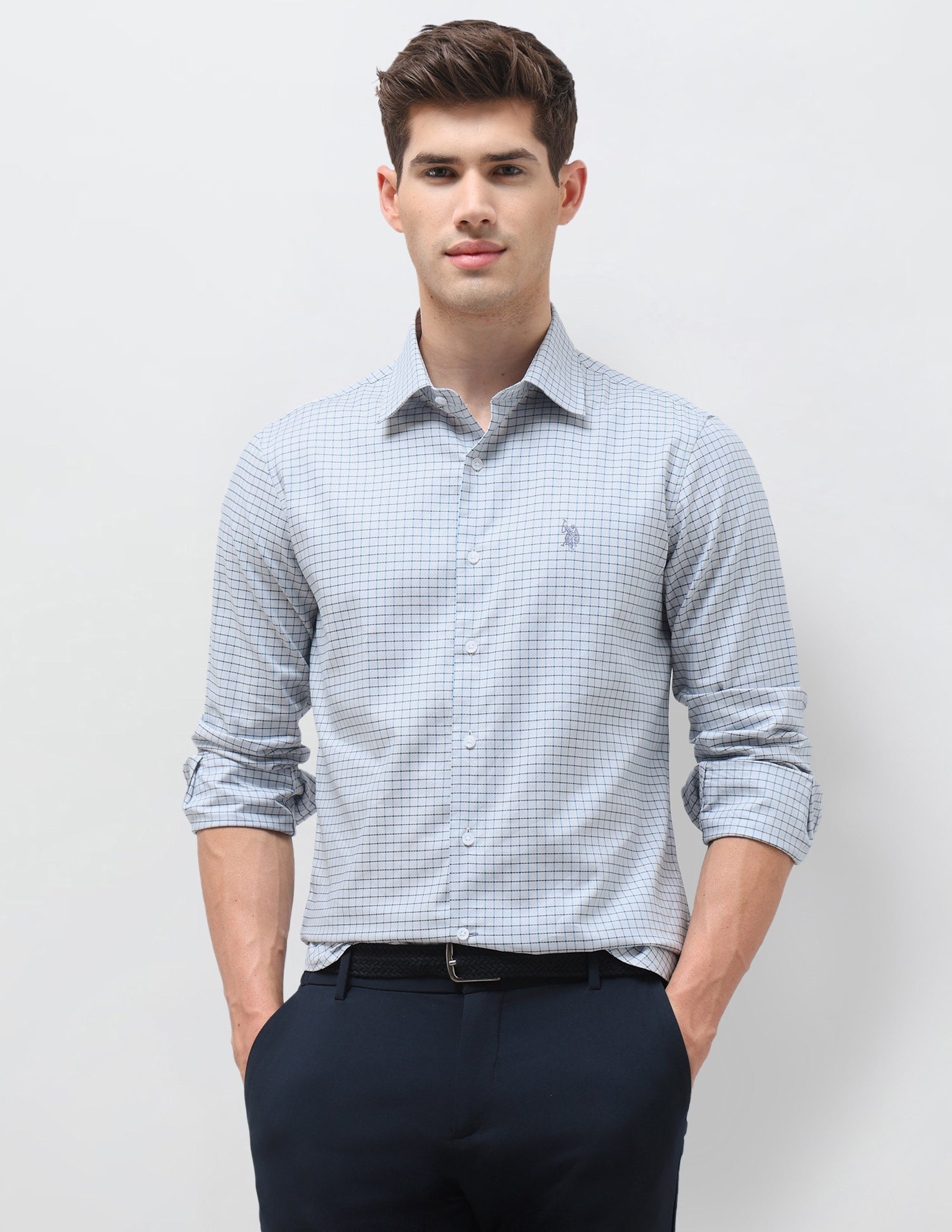 Twill Self Design Graph Checked Shirt Blue - U.S. Polo Assn. India | Large