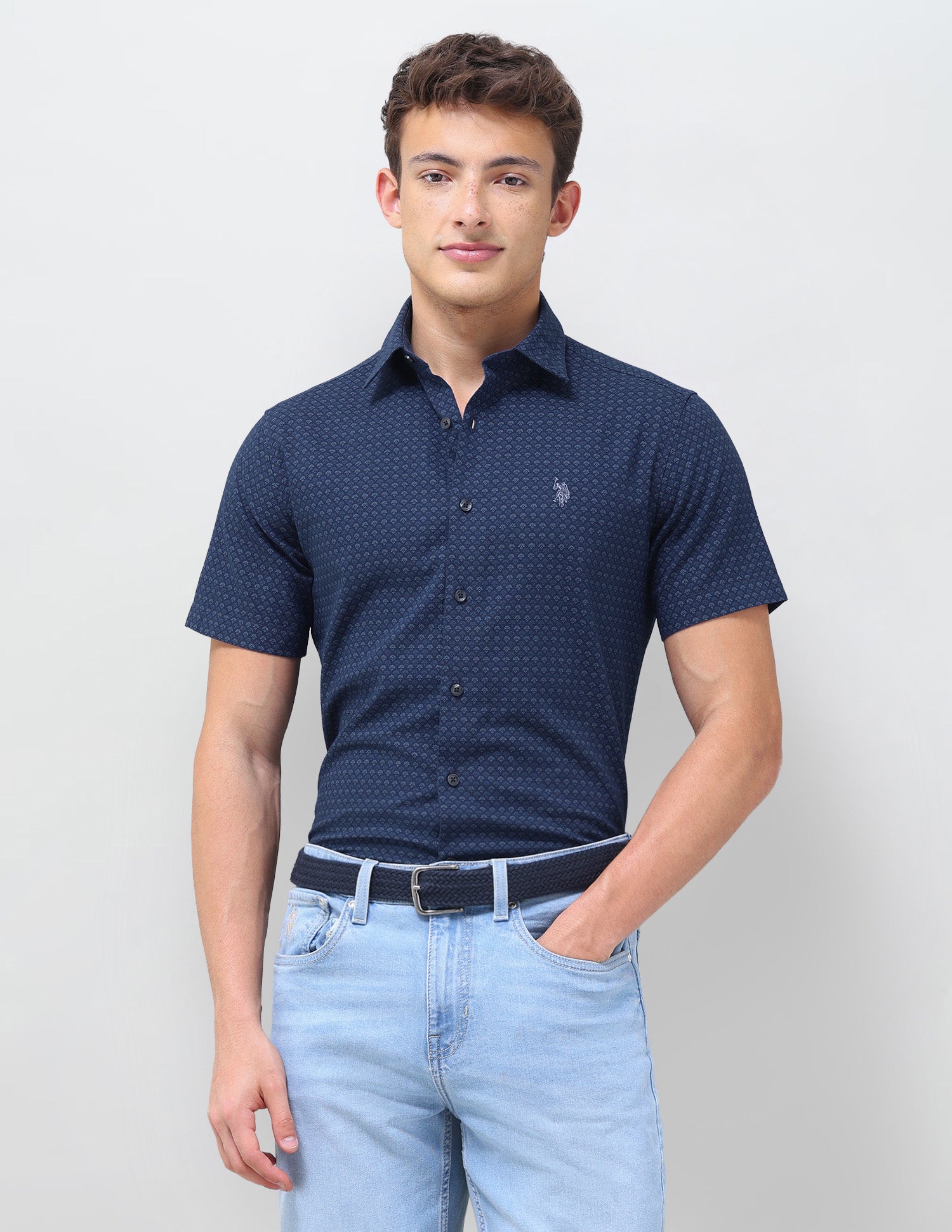 Self Design Floral Regular Fit Shirt Teal - U.S. Polo Assn. India | Large