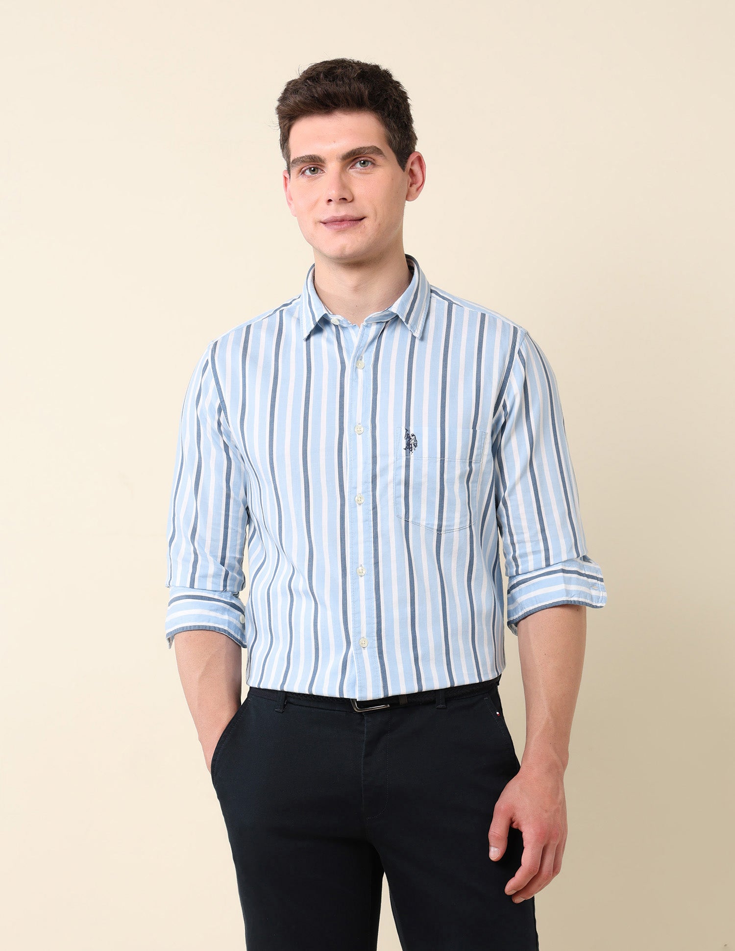 Vertical Striped Pure Cotton Shirt Light Blue - U.S. Polo Assn. India | Large
