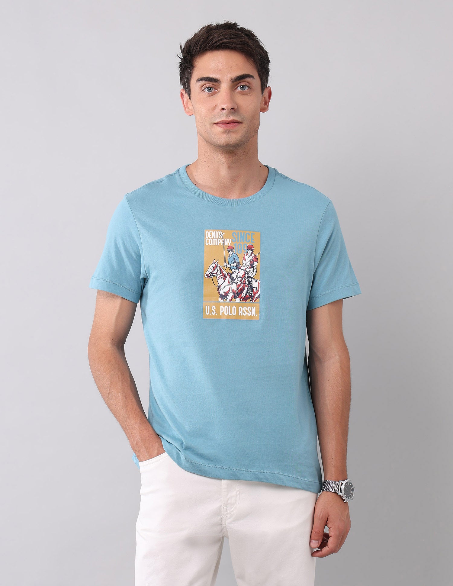 Graphic Printed Muscle Fit T-Shirt Light Blue - U.S. Polo Assn. India | Large
