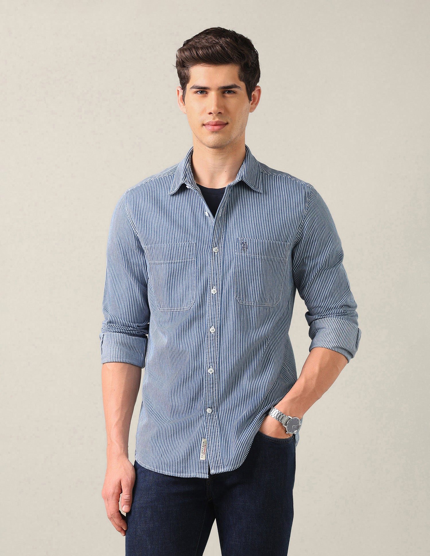 Vertical Striped Regular Fit Shirt Indigo - U.S. Polo Assn. India | Large