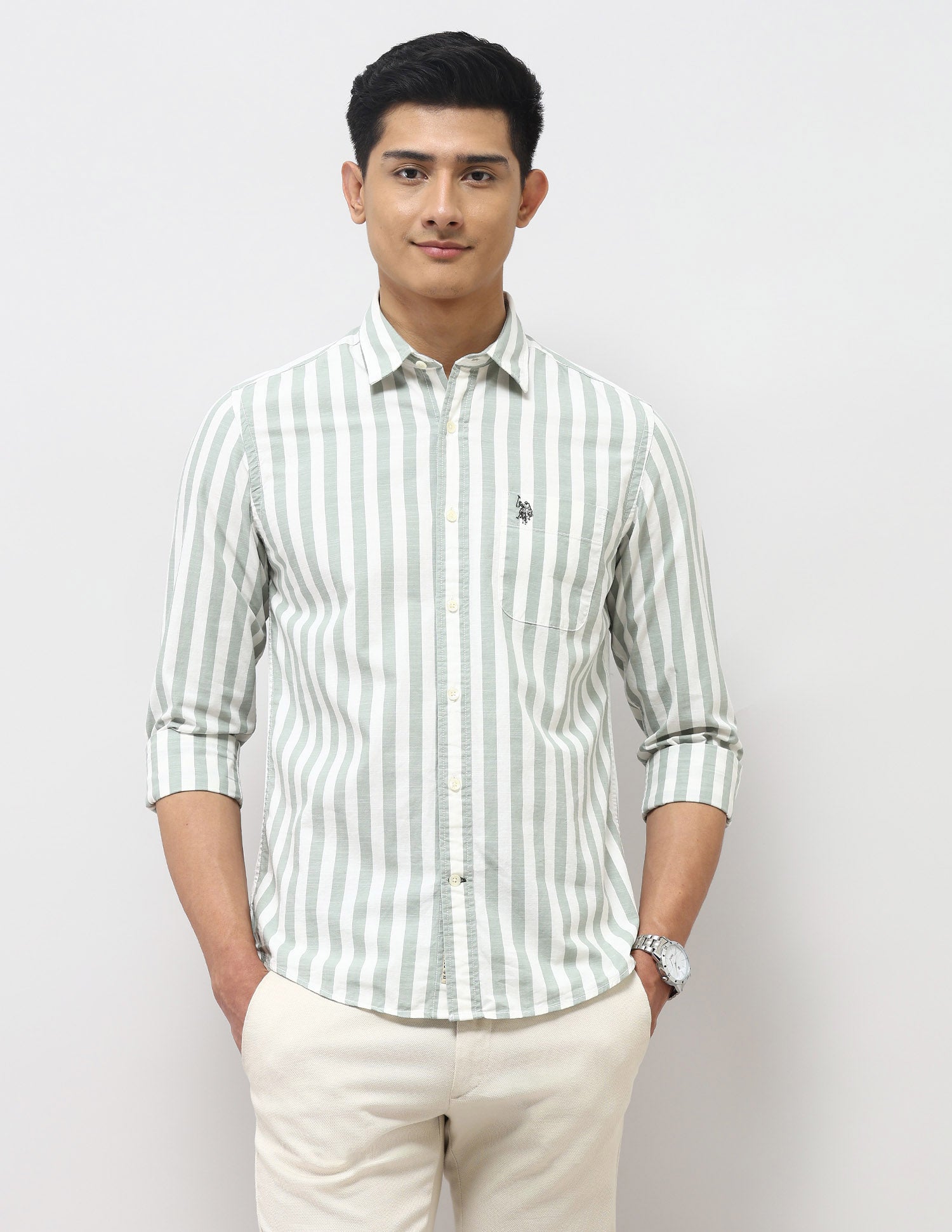 Vertical Striped Pure Cotton Shirt Light Green - U.S. Polo Assn. India | Large