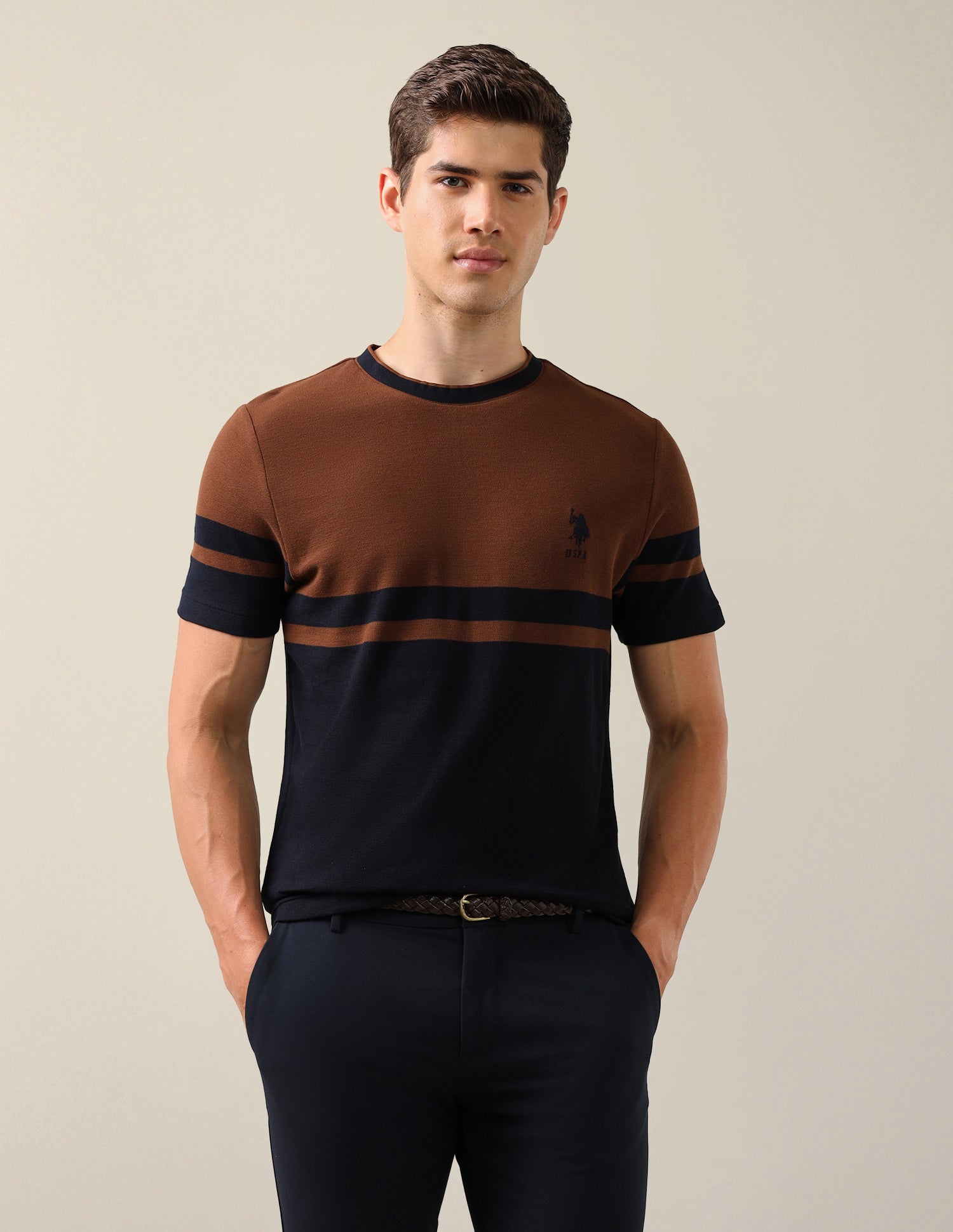 Colourblocked Slim Fit T-Shirt Brown - U.S. Polo Assn. India | Large