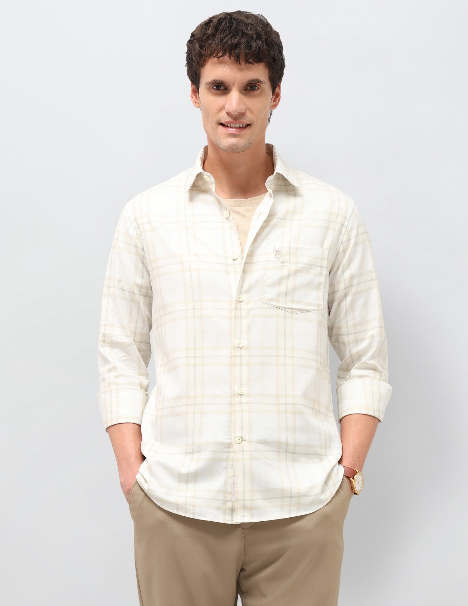 Grid Tattersall Checked Twill Shirt Ivory - U.S. Polo Assn. India | Large