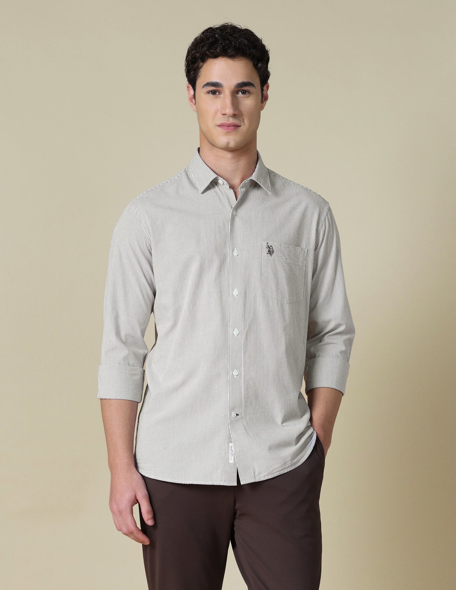 Vertical Striped Seersucker Shirt Beige - U.S. Polo Assn. India | Large