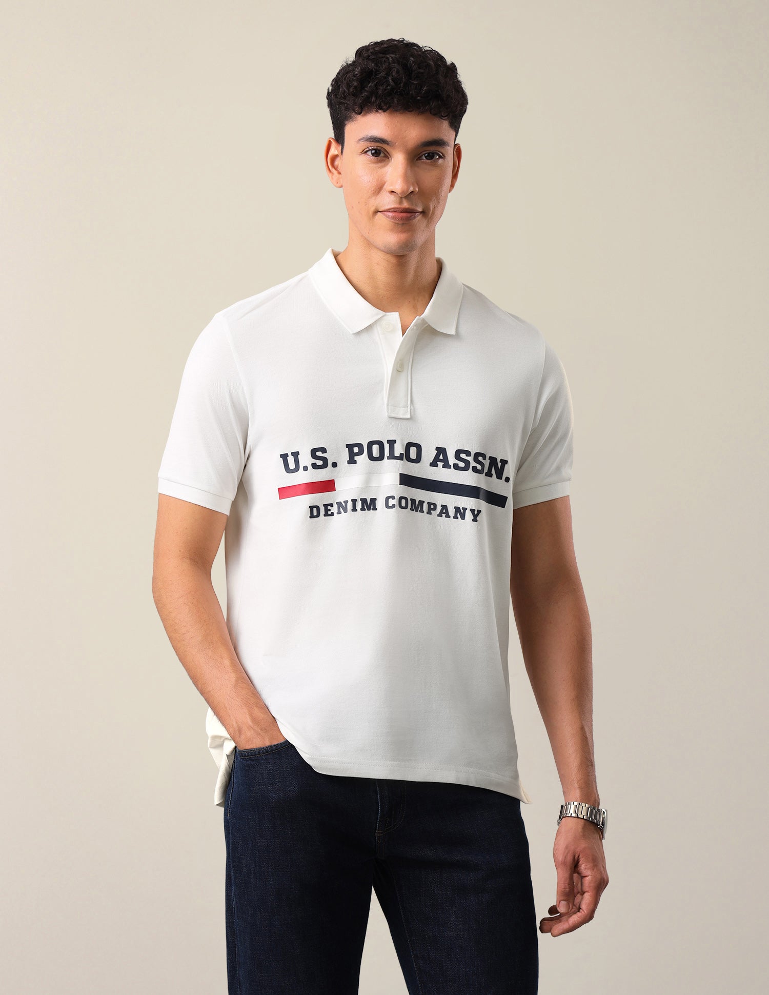Brand Printed Slim Fit Polo Shirt Ivory - U.S. Polo Assn. India | Large