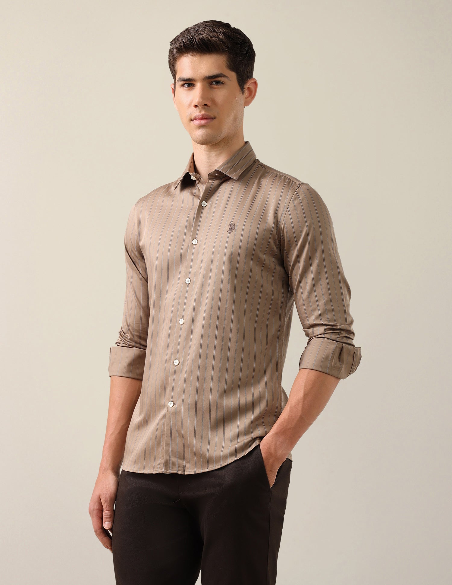 Satin Tailored Fit Shirt Khaki - U.S. Polo Assn. India | Large