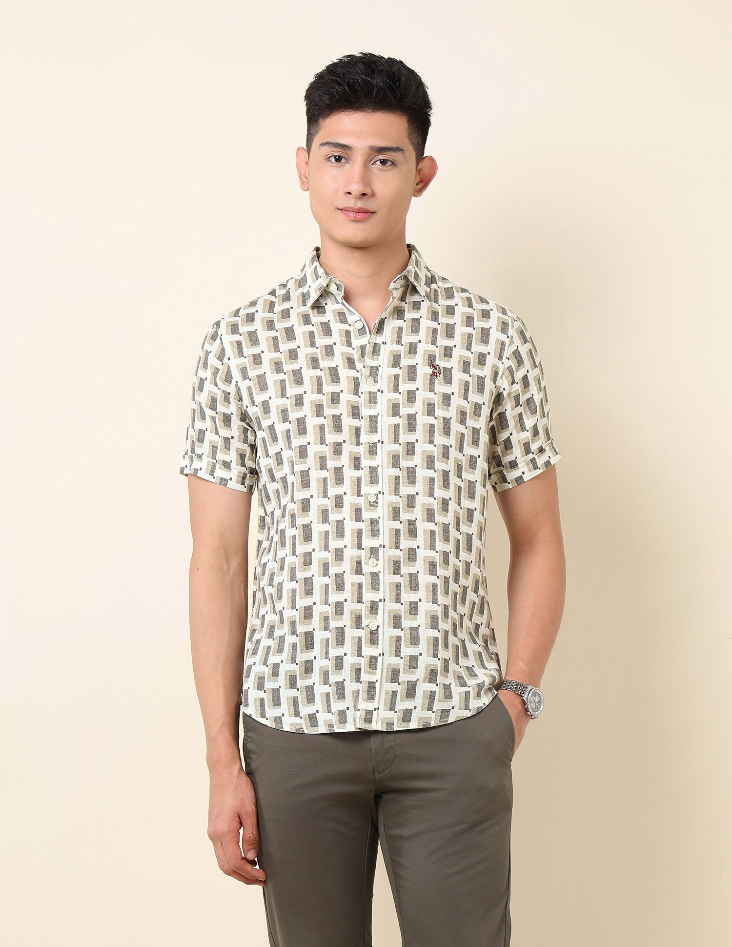 Geometric Printed Pure Cotton Shirt Grey - U.S. Polo Assn. India | Large