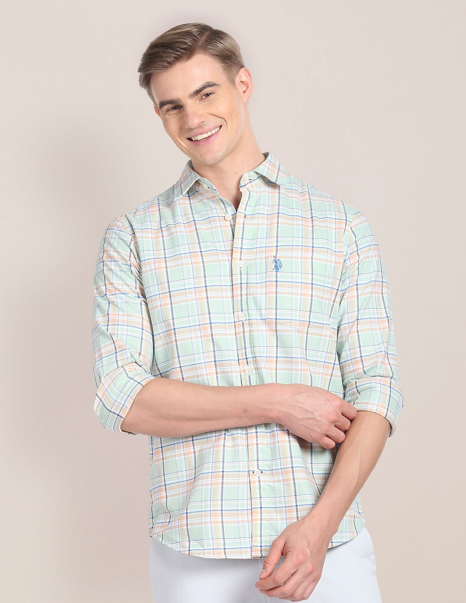 Plaid Check Cotton Shirt Light Green - U.S. Polo Assn. India | Large