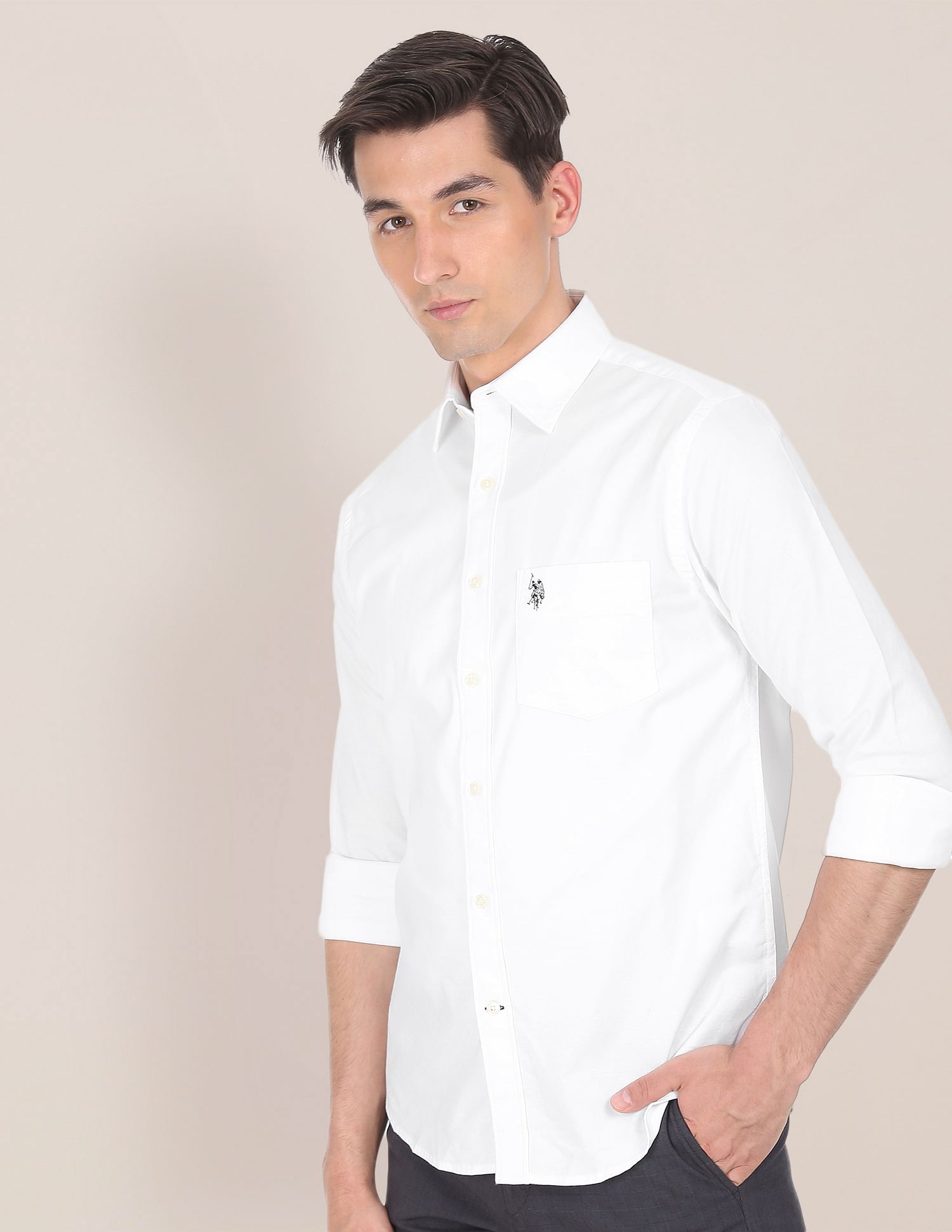 Spread Collar Solid Casual Shirt White - U.S. POLO ASSN. | Large