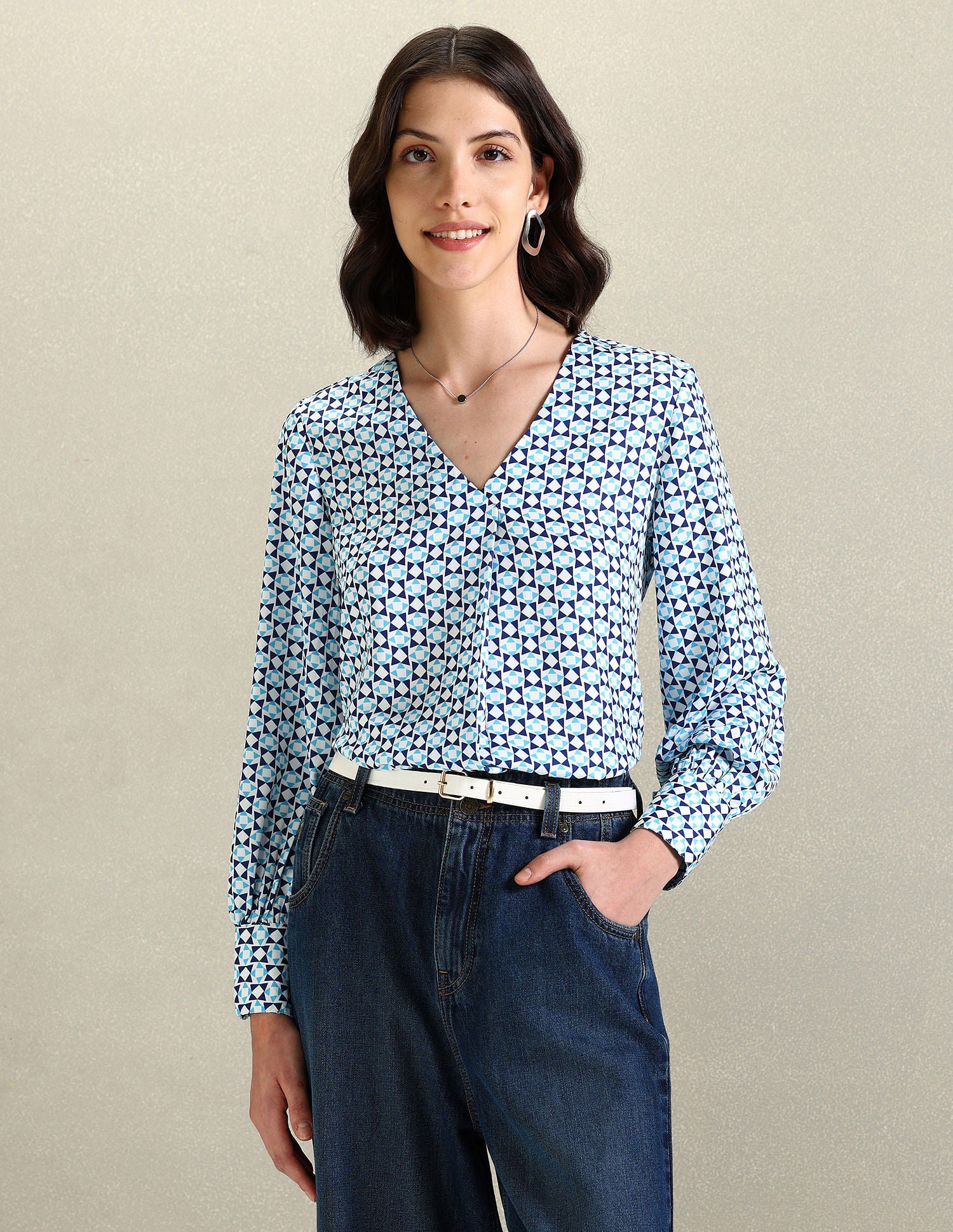V-Neck Geometric Print Top Blue - U.S. Polo Assn. India | Large